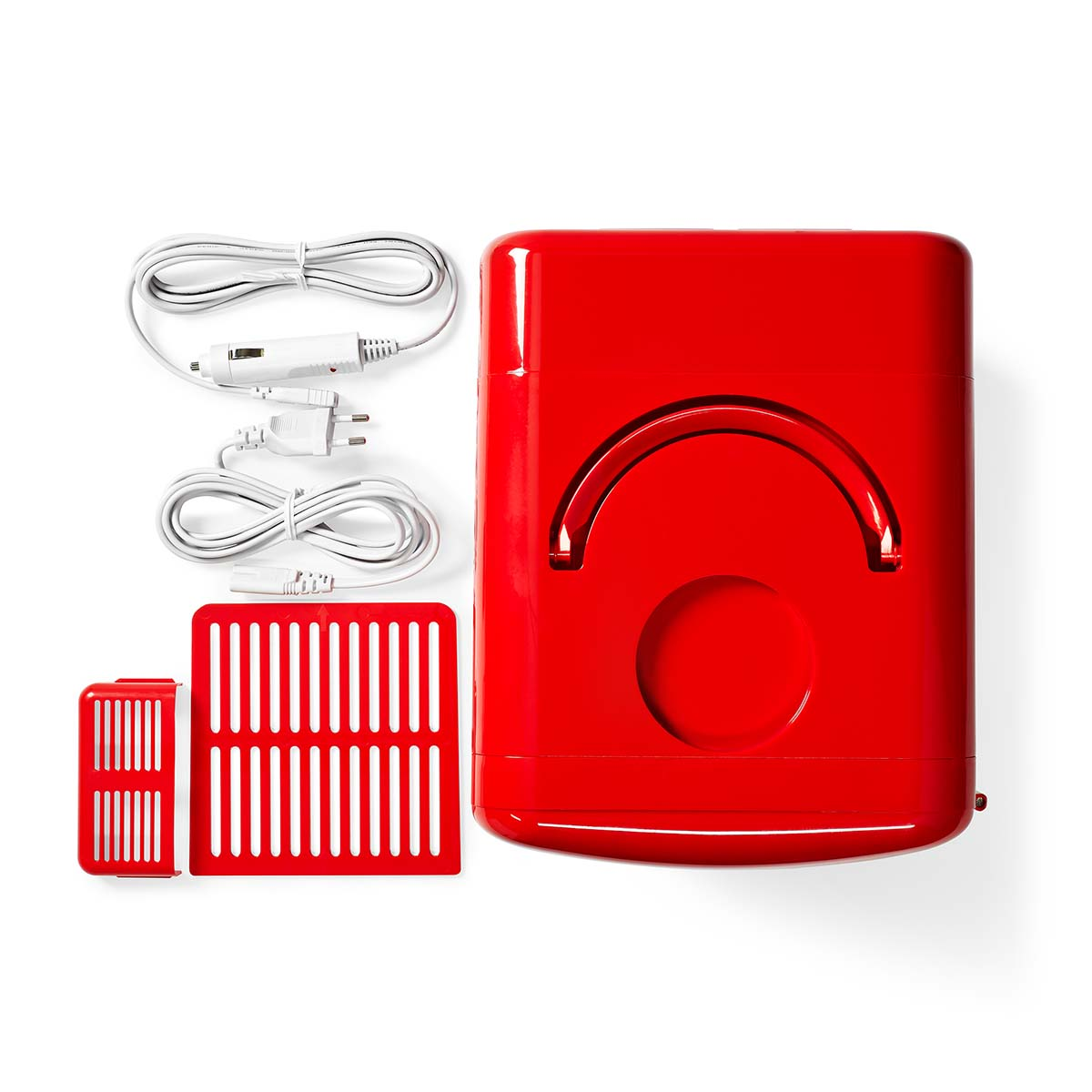 Macchina per popcorn rossa con accessori: due griglie e due cavi di alimentazione isolati.