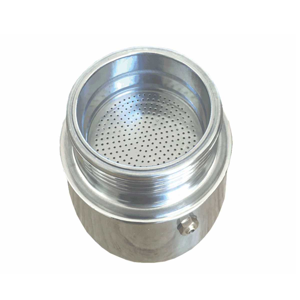 Kawiarka Moka, srebrny metalik, widok z góry, na białym tle.