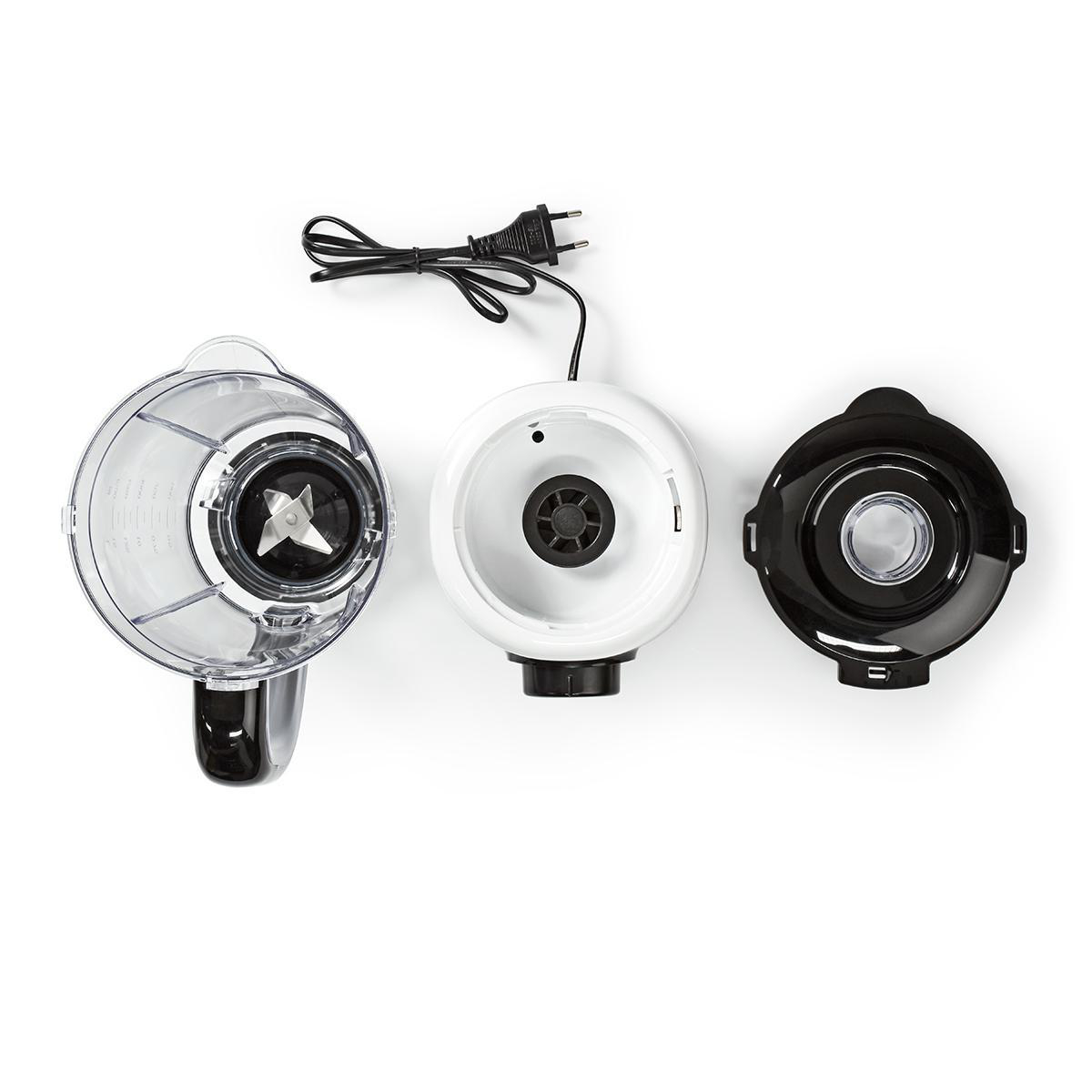 Rozebrane części blendera, w tym pojemnik, ostrze i pokrywa.