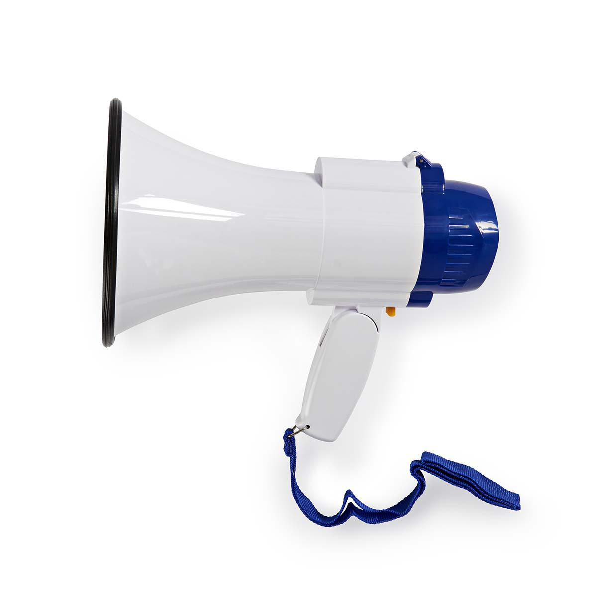 Megafono bianco e blu. Ha una maniglia e un cinturino blu. Isolato su sfondo bianco.