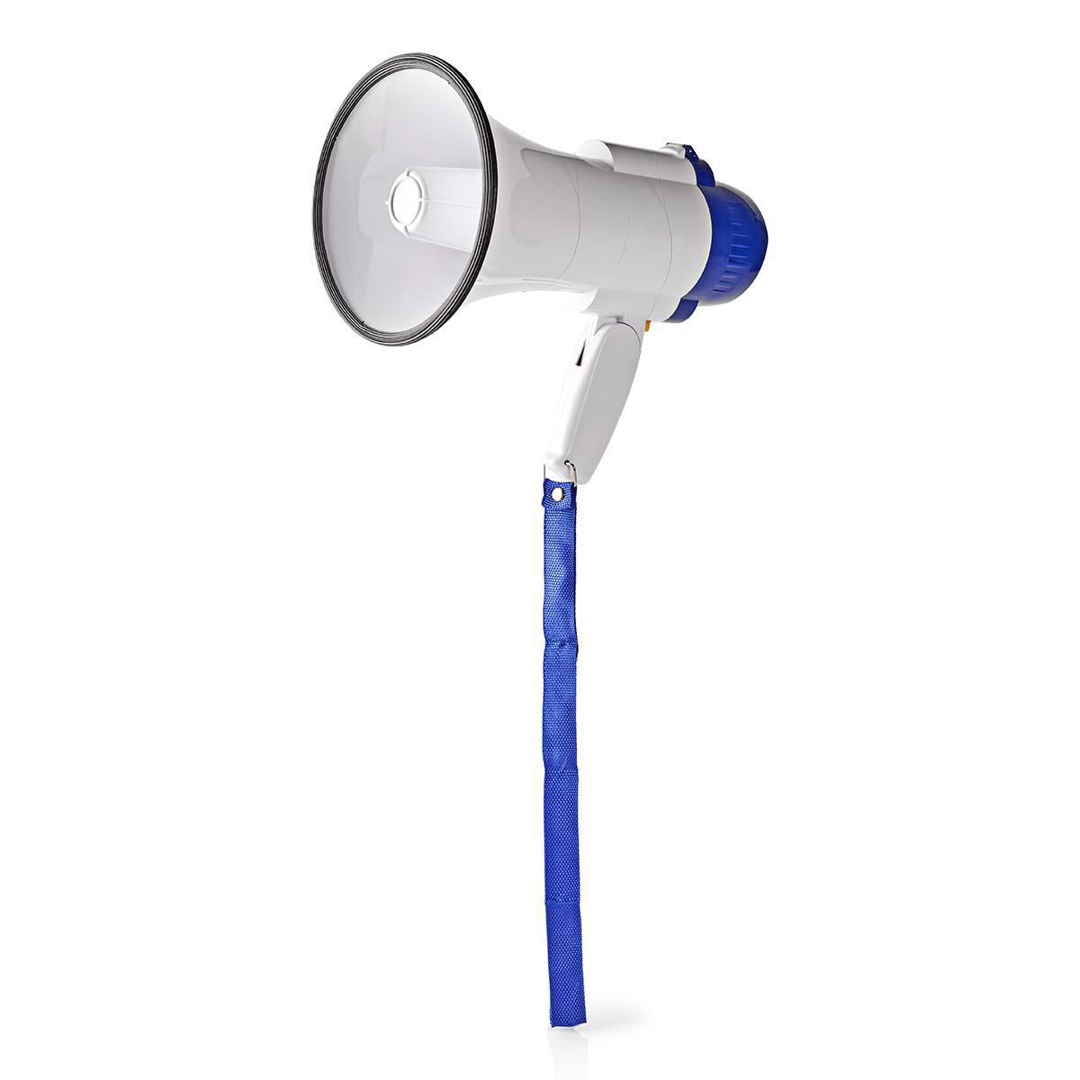 Megafono bianco e blu, tenuto da un manico blu, su sfondo bianco.