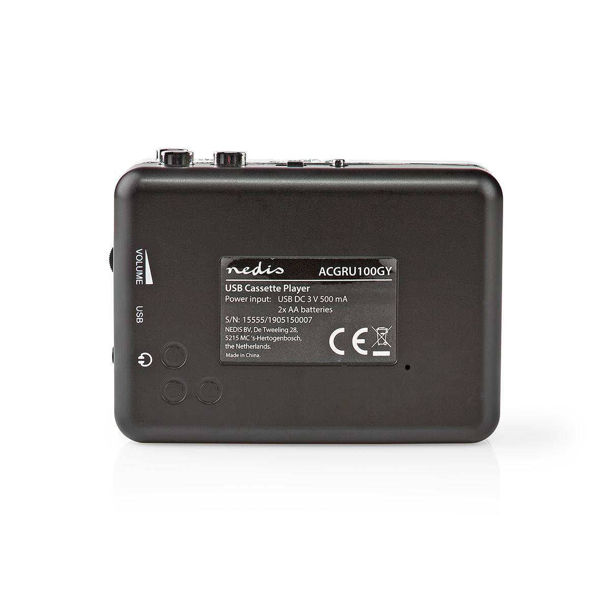 Schwarzer rechteckiger USB-Kassettenplayer mit Lautstärke- und USB-Anschlüssen.
