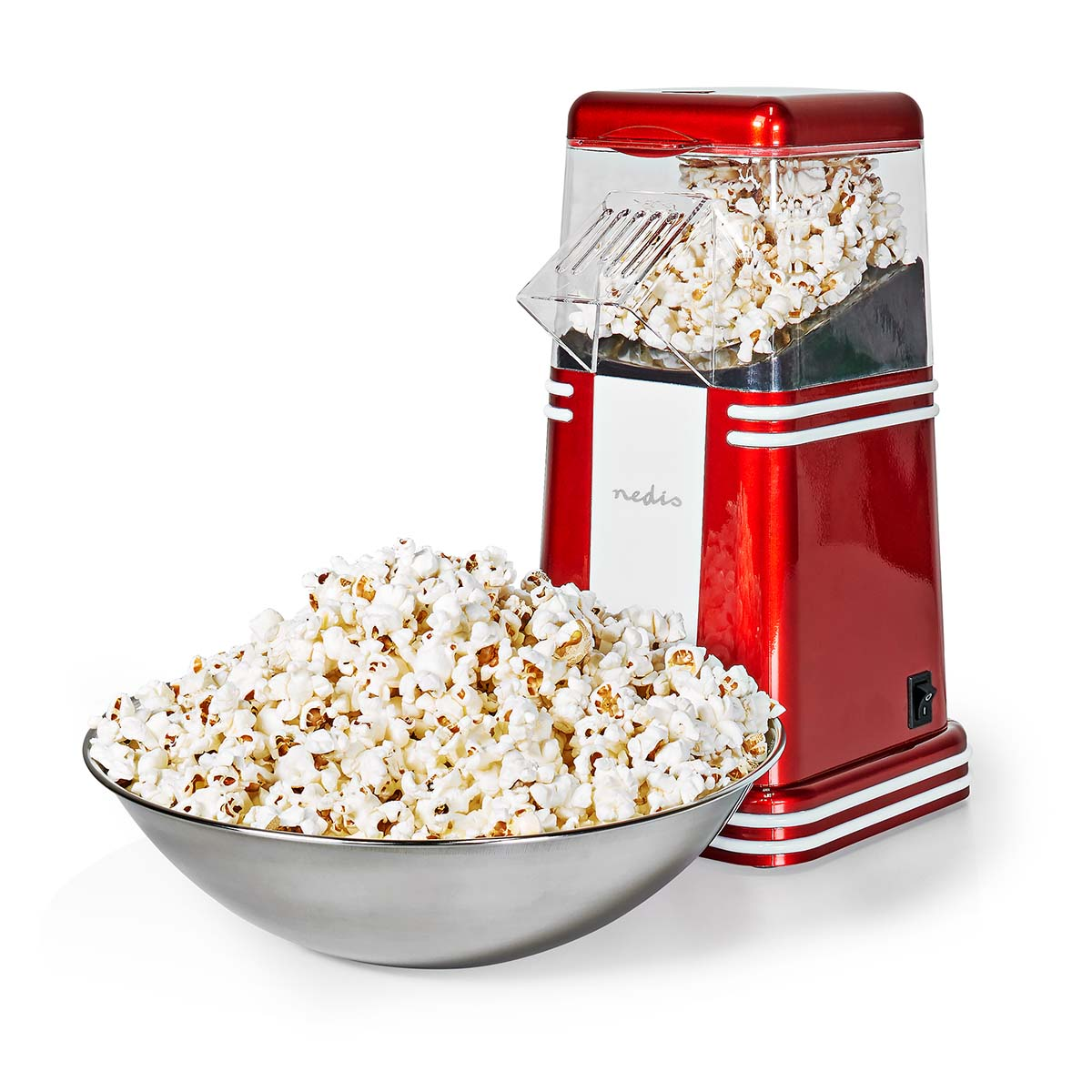 Macchina per popcorn rossa con una ciotola piena di popcorn.