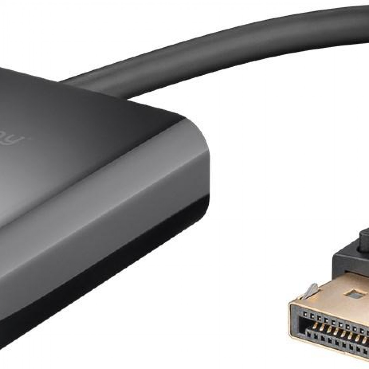 Schwarzes Adapterkabel. Schwarze Box links, goldfarbener Stecker rechts.