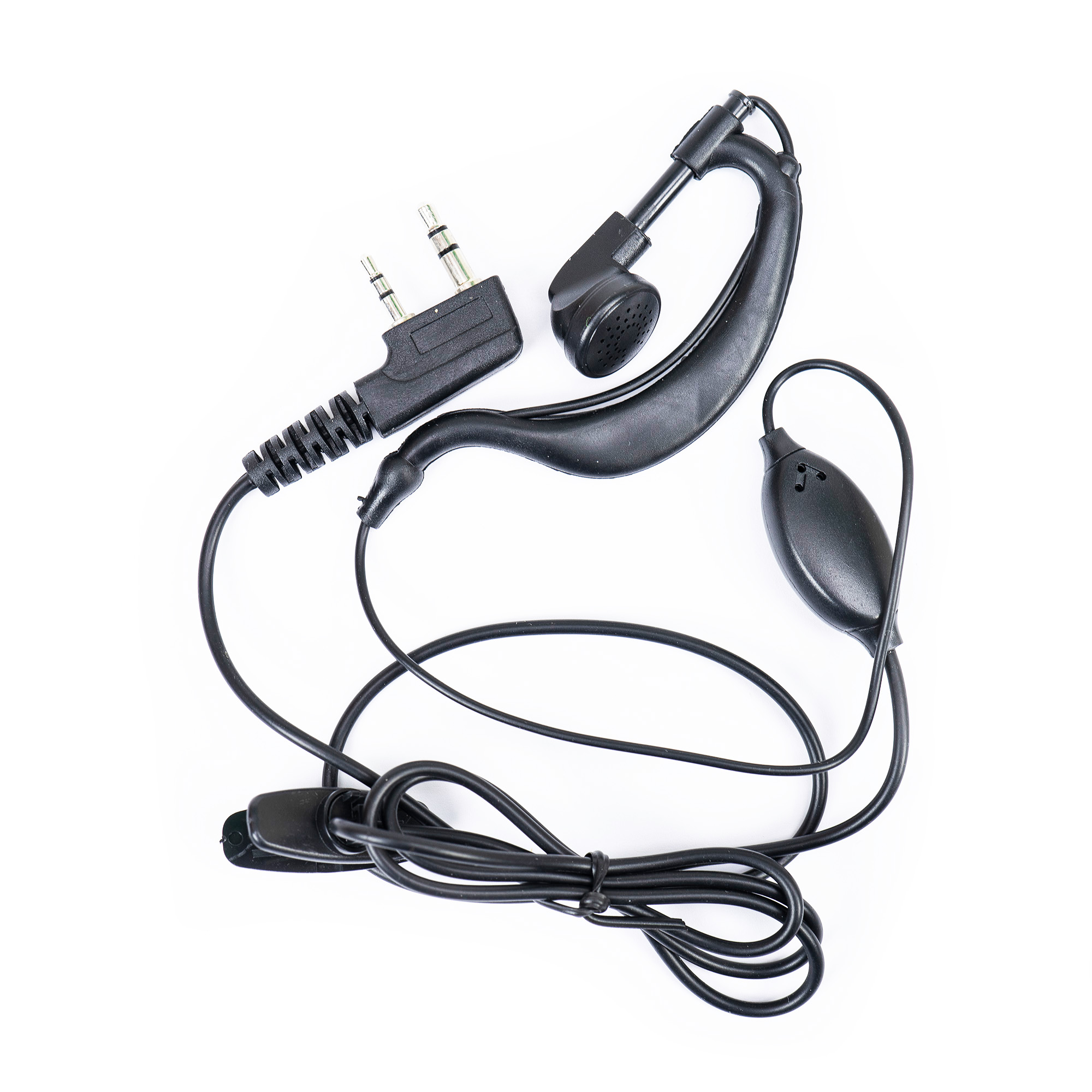 Ein schwarzes Walkie-Talkie-Headset liegt auf weißem Grund. Es hat ein Mikrofon und einen Stecker.