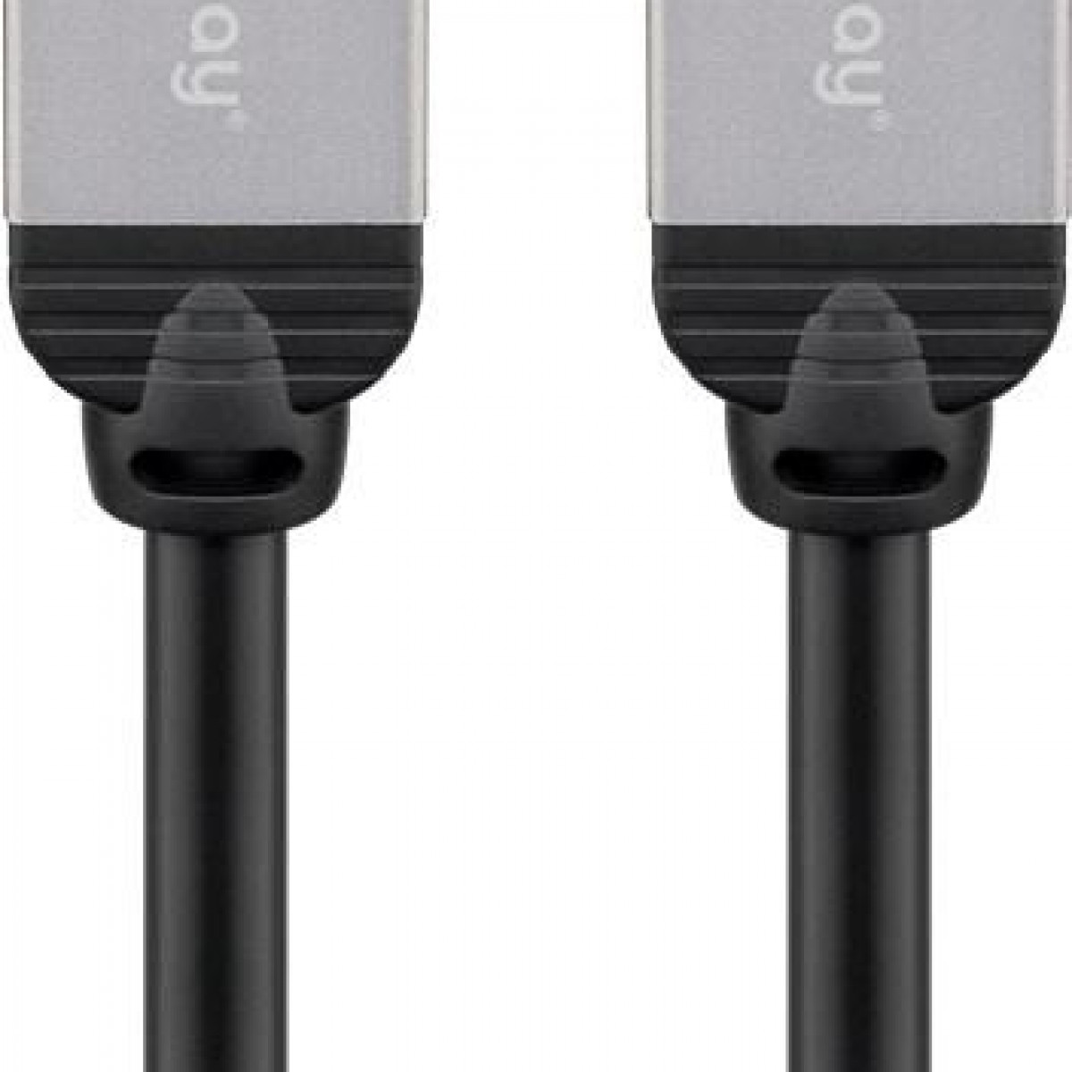 Zwei schwarze HDMI-Kabel mit silbernen Steckern. Die Stecker haben ein Logo.