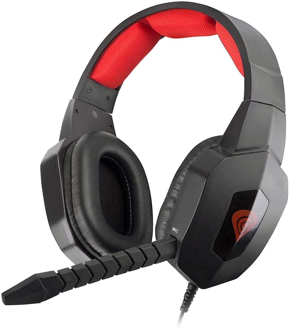 Cuffie da gioco nere e rosse con microfono. Isolato su sfondo bianco.