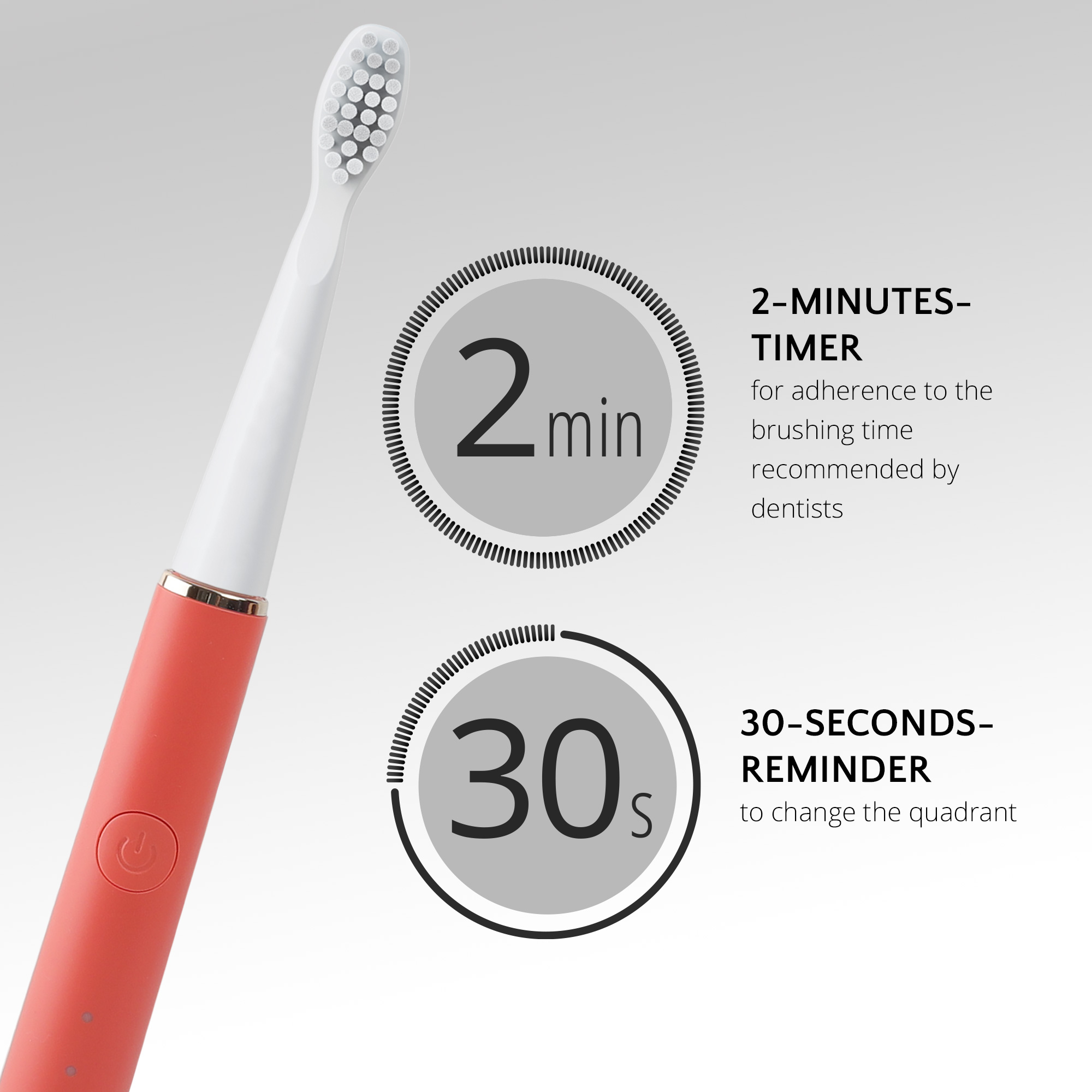 Cepillo de dientes rojo y blanco con temporizador de 2 min y recordatorio de 30 seg.