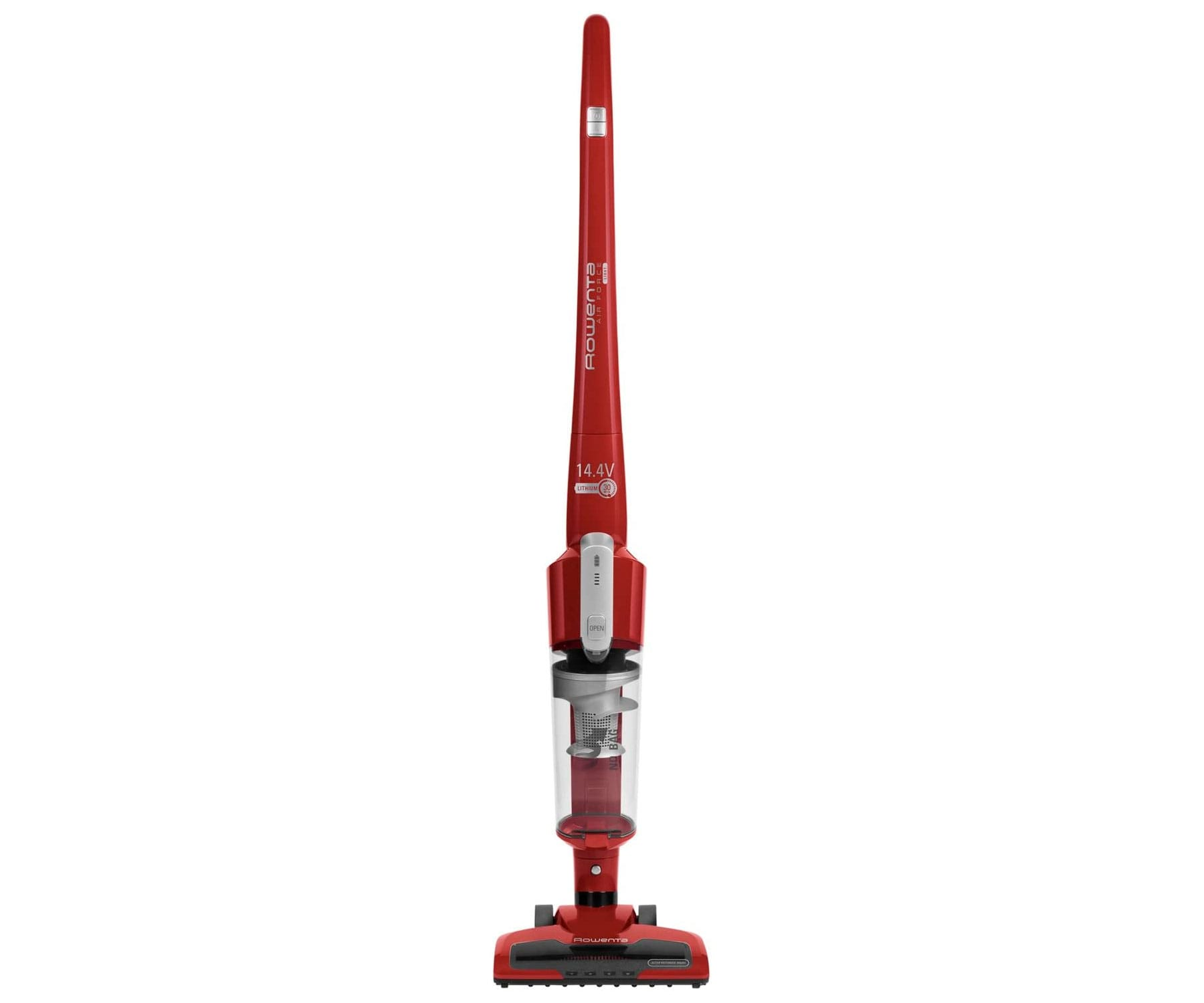Ein roter Staubsauger, aufrecht, mit einem transparenten Staubbehälter. Es ist ein Rowenta 14,4V Modell.