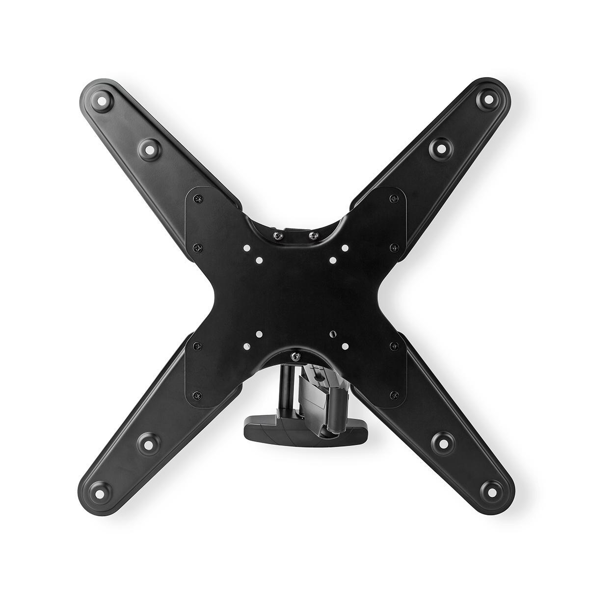 Supporto VESA nero per TV. Ha una forma a X con quattro bracci, ognuno con fori. Una staffa è al centro.