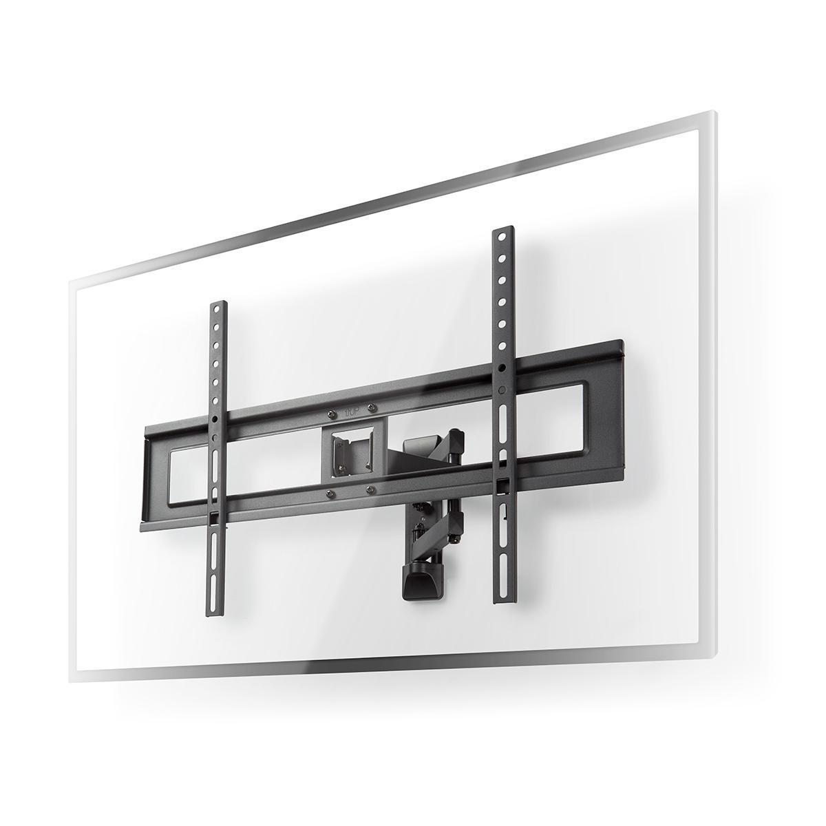Un support mural TV noir est fixé sur un mur blanc. Le support a des barres métalliques verticales et horizontales.