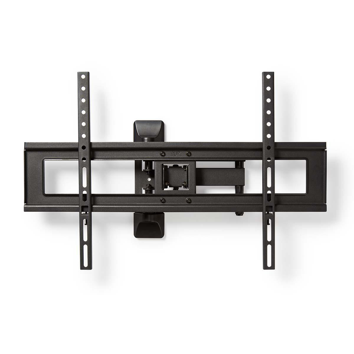 Support mural TV en métal noir. Il possède deux rails verticaux percés et un cadre horizontal pour fixer la TV.