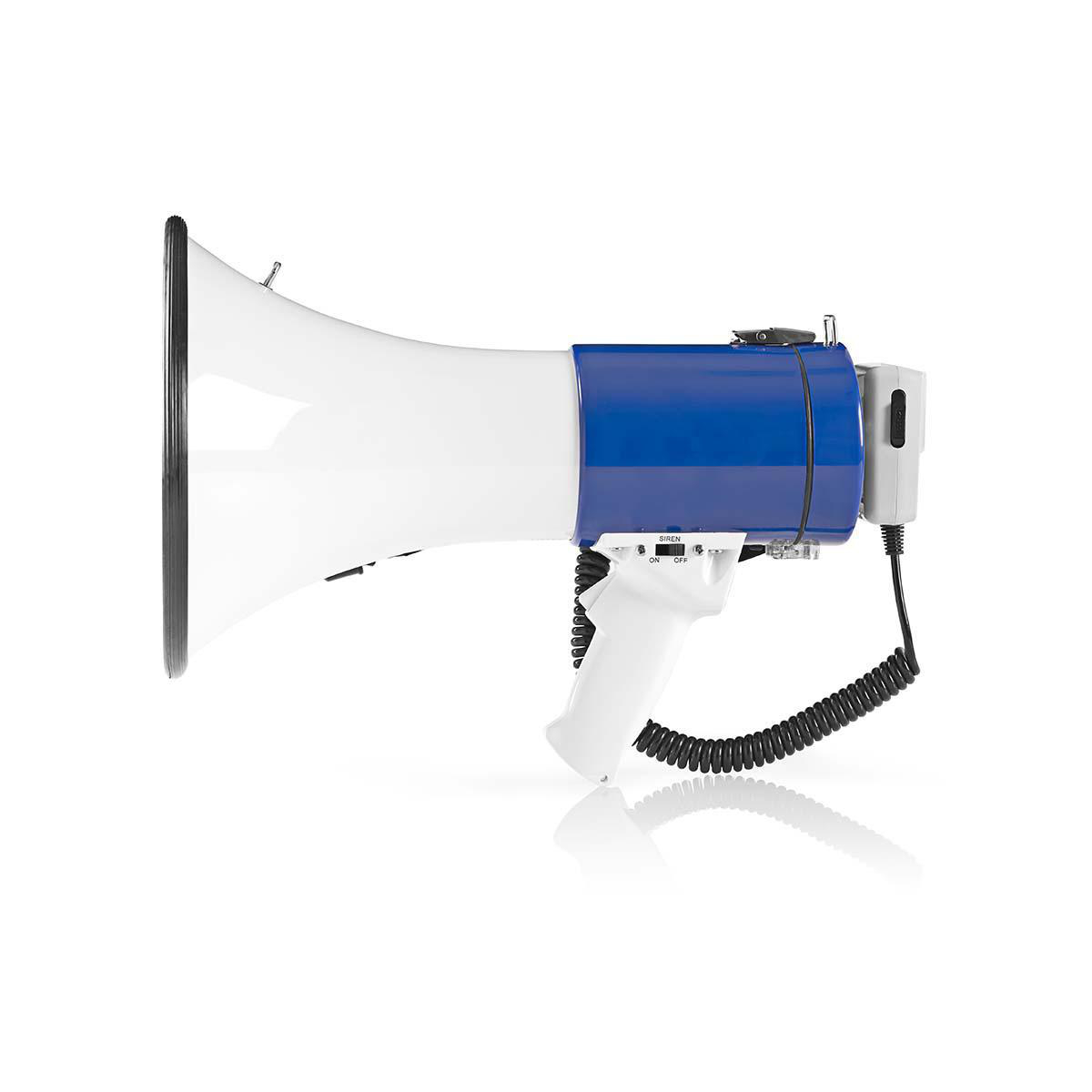 Mégaphone blanc et bleu sur fond blanc, avec cordon noir.