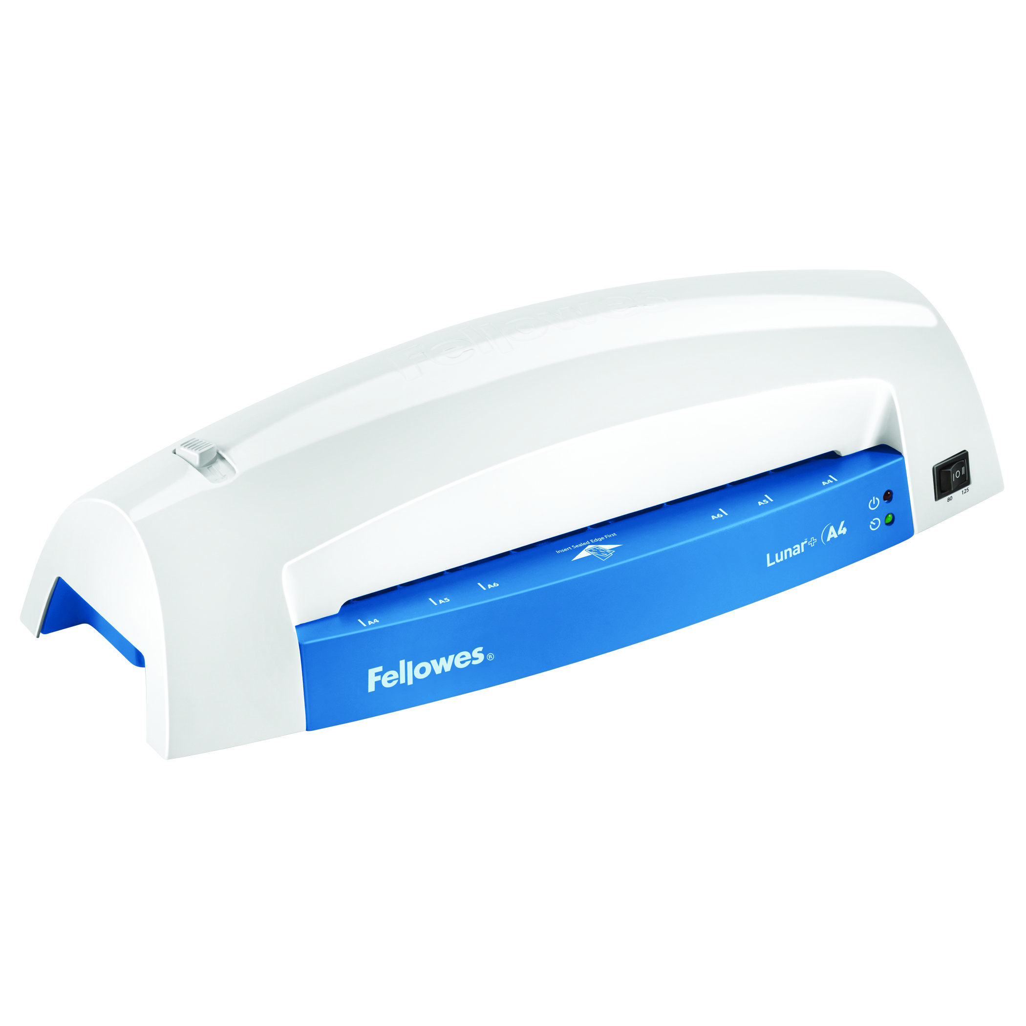 Ein weiß-blauer Fellowes Lunar+ A4 Laminator. Der Laminator steht auf einer weißen Oberfläche.