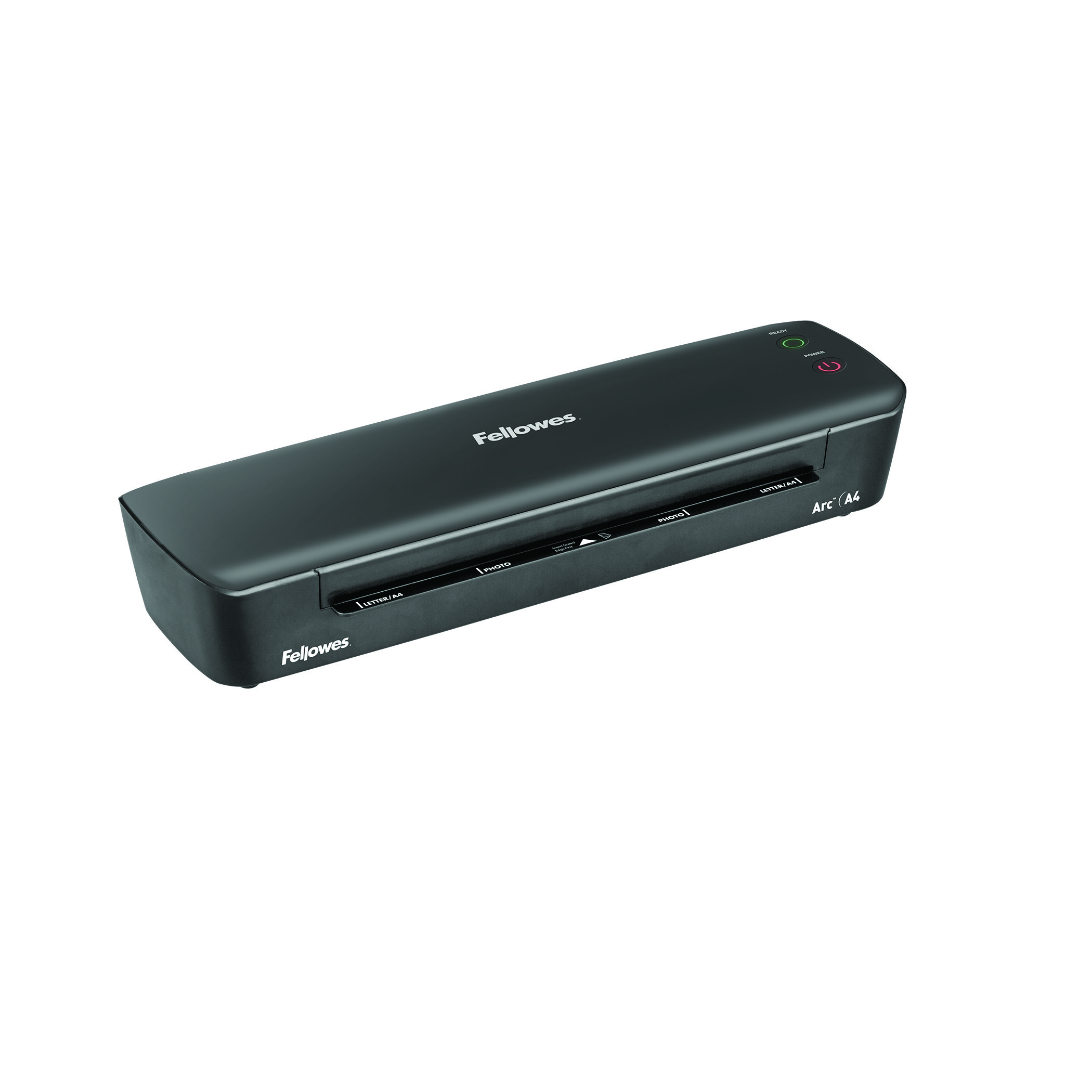 Laminadora Fellowes A4 negra sobre una superficie blanca.