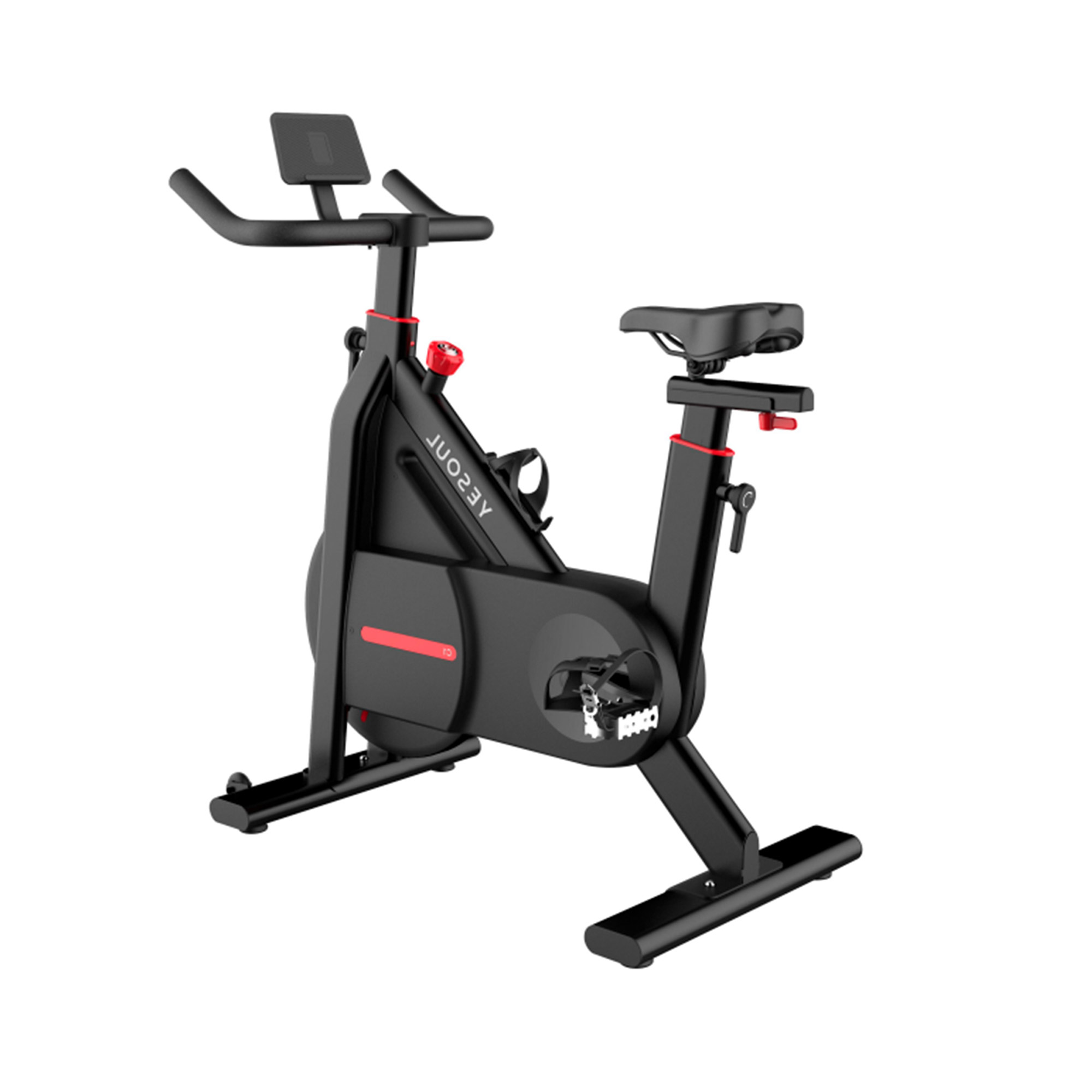 Bicicletta da palestra nera, dettagli rossi. La sella e il manubrio sono regolabili. Piccolo schermo presente.