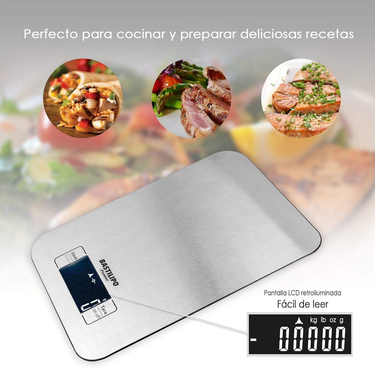 Una báscula de cocina de acero inoxidable. Tiene una pantalla digital e imágenes de comida cocinada.