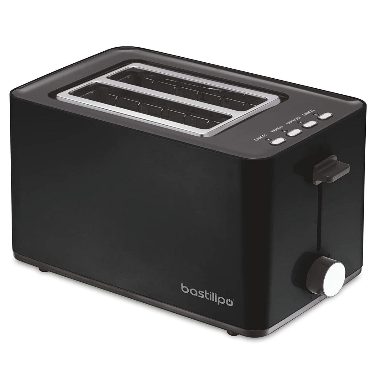 Schwarzer Toaster mit zwei Schlitzen, Tasten für Abbrechen, Aufwärmen, Auftauen. Ein weißer Knopf.