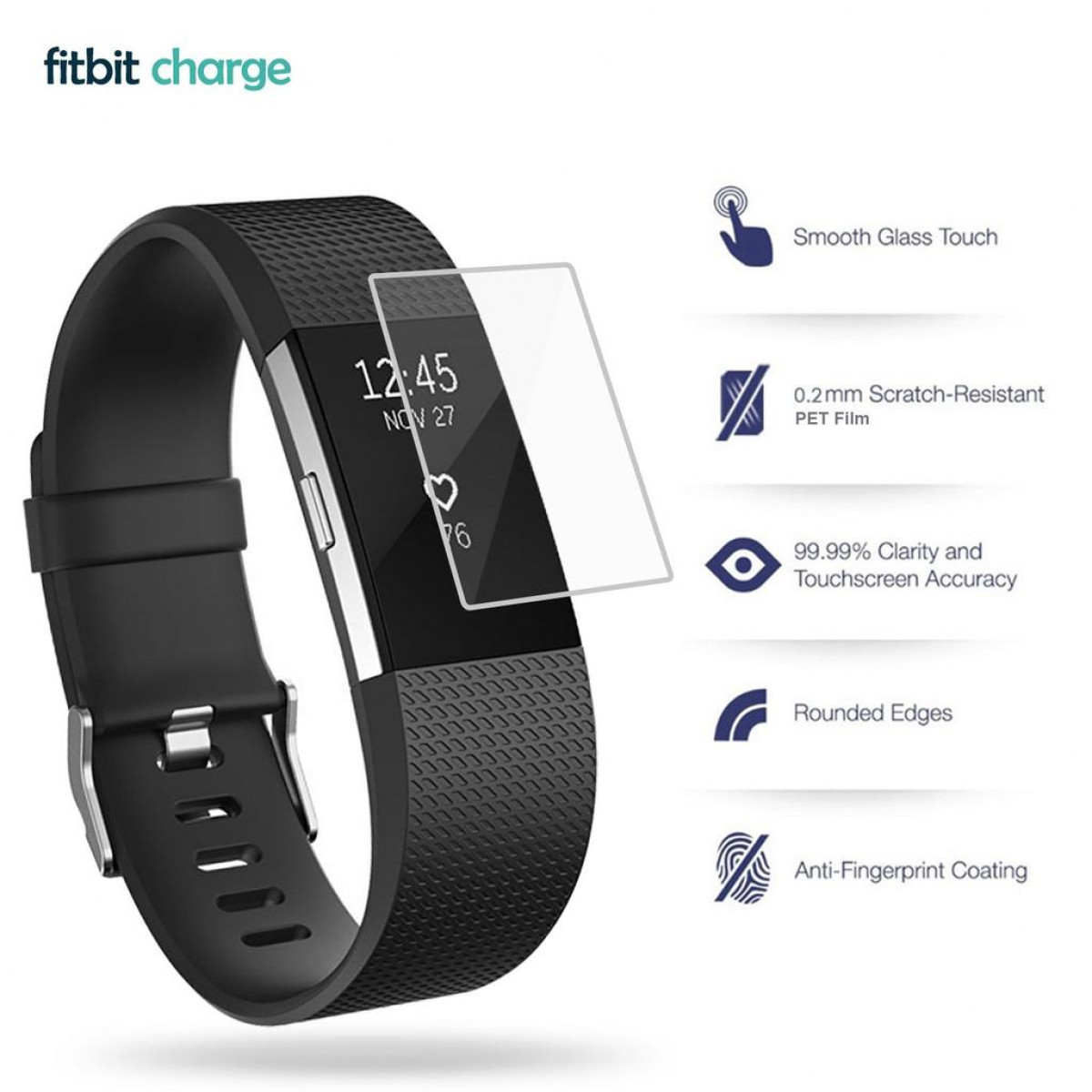Orologio Fitbit Charge nero con protezione schermo in vetro. I grafici informativi mostrano le funzionalità.