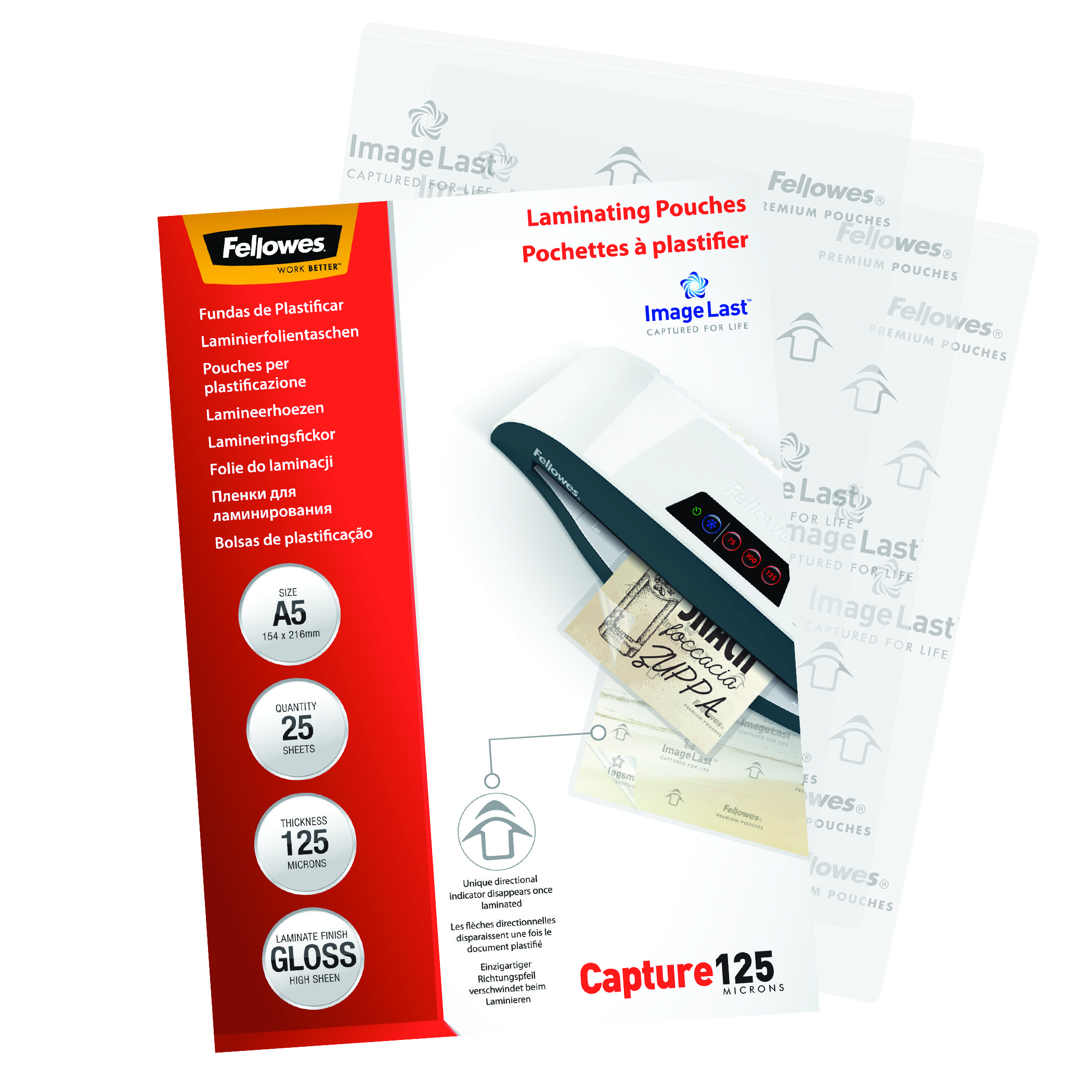 Buste per plastificatrici. Formato A5. Include confezione con marchio e testo. Visibili diverse buste trasparenti.