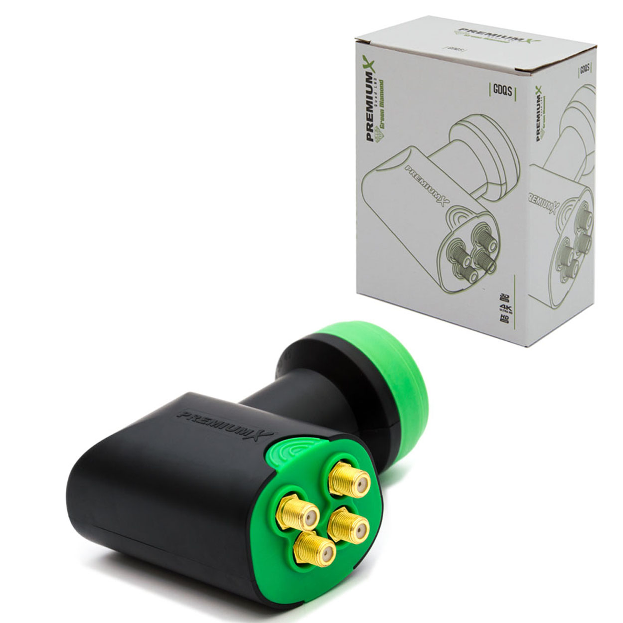 Satellitenempfänger mit Karton. Schwarz und grüne Farben. Karton hat Text über das Produkt.