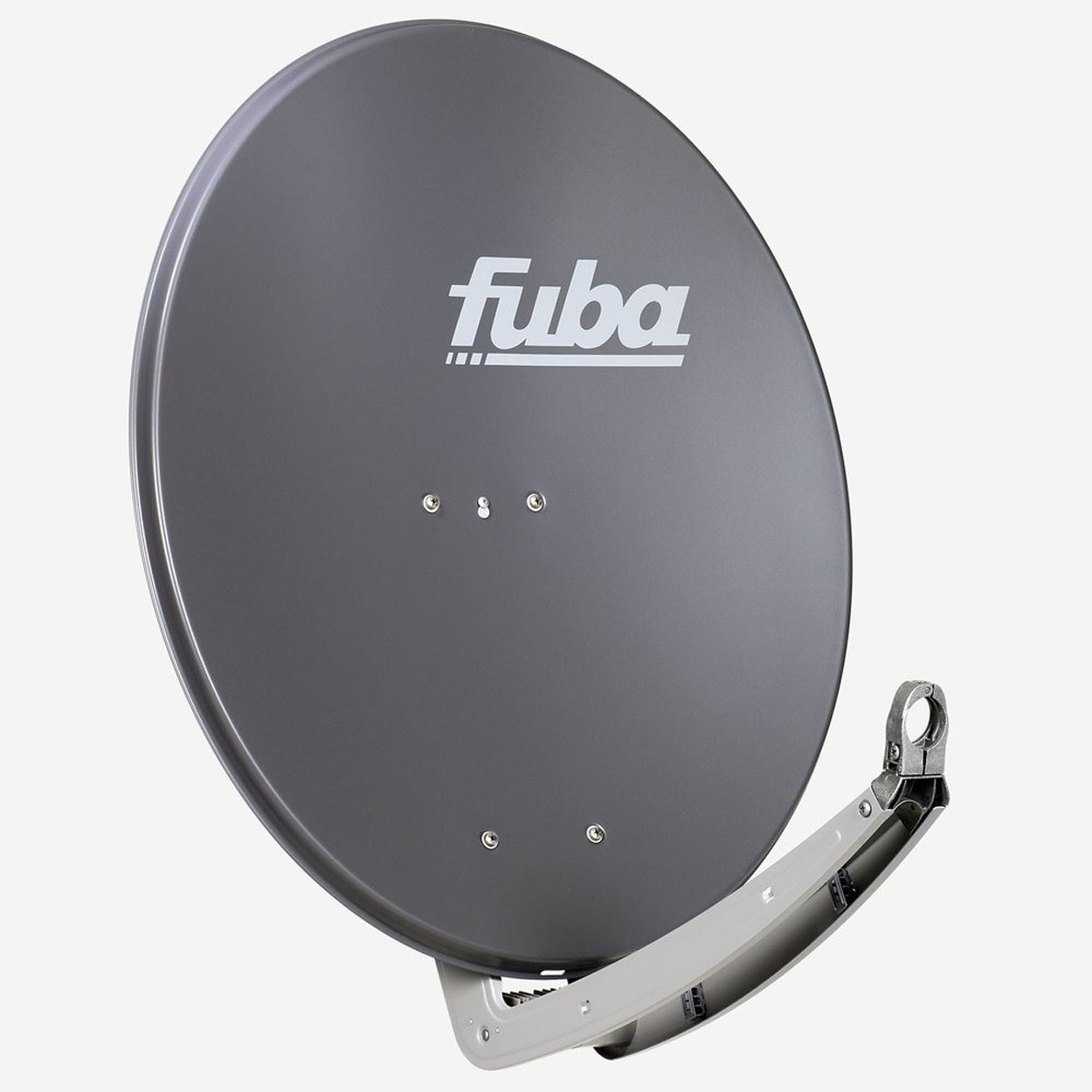 Graue Satellitenschüssel mit 'fuba'-Logo und weißem Tragarm vor grauem Hintergrund.