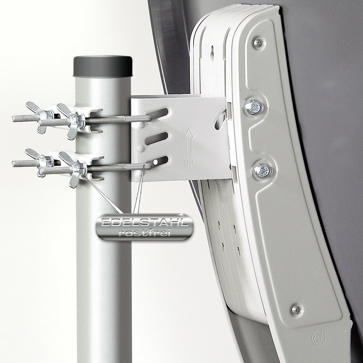 Satellitenschüsselhalterung mit Schrauben und dem Text "EDELSTAHL rostfrei" in Silber.
