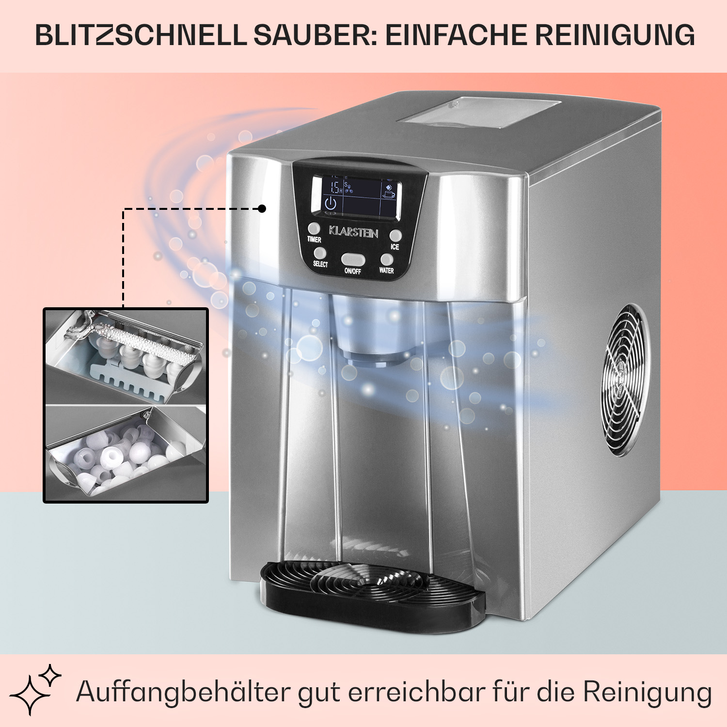 Eine Eismaschine, die das Eisabteil und das Eis zeigt. Die Maschine ist silber und hat eine schwarze Blende.