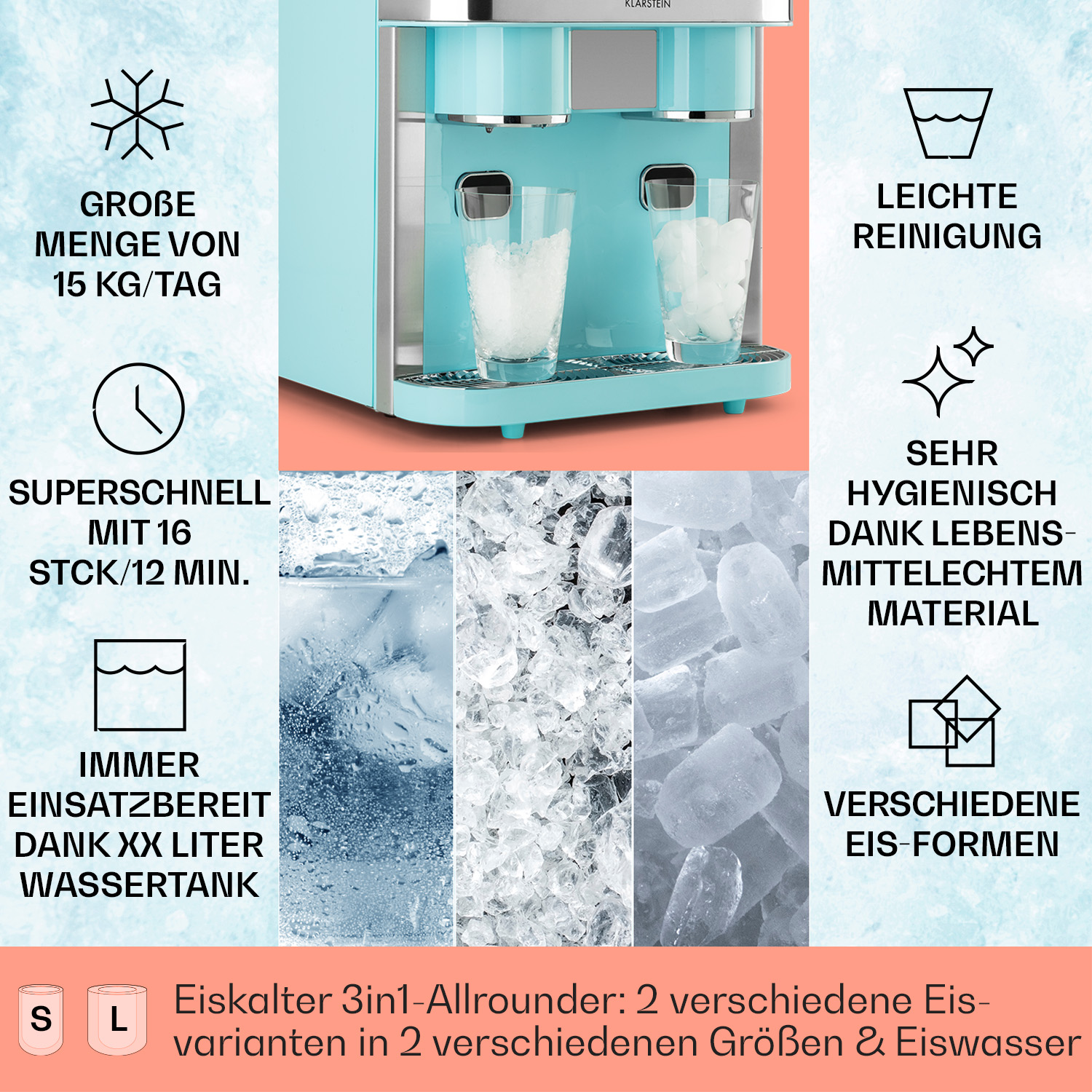 KLARSTEIN Eiszeit Crush Eiswürfelmaschine (150 Pastellblau) Watt