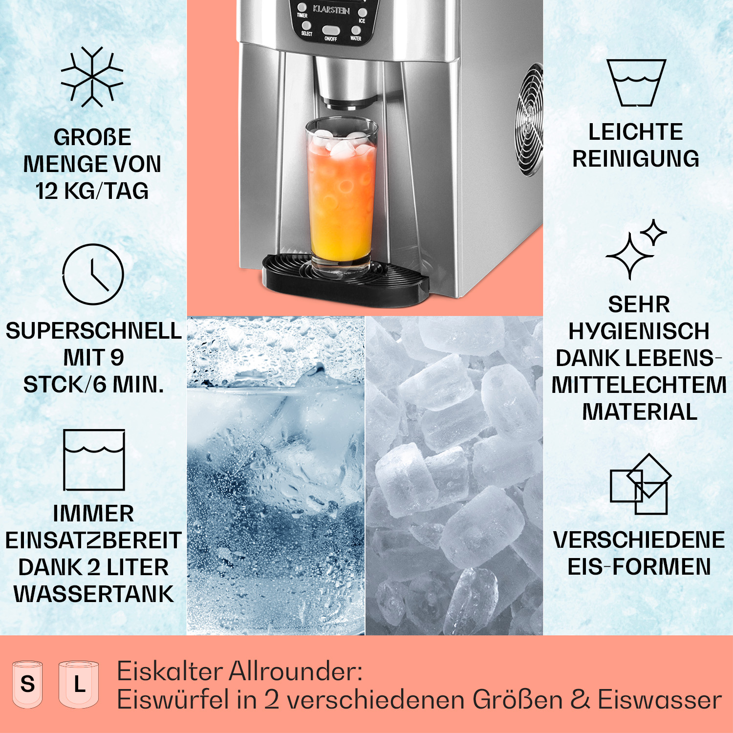 Ice Eiswürfelmaschine (130 Silber) Watt, KLARSTEIN Volcano 2G