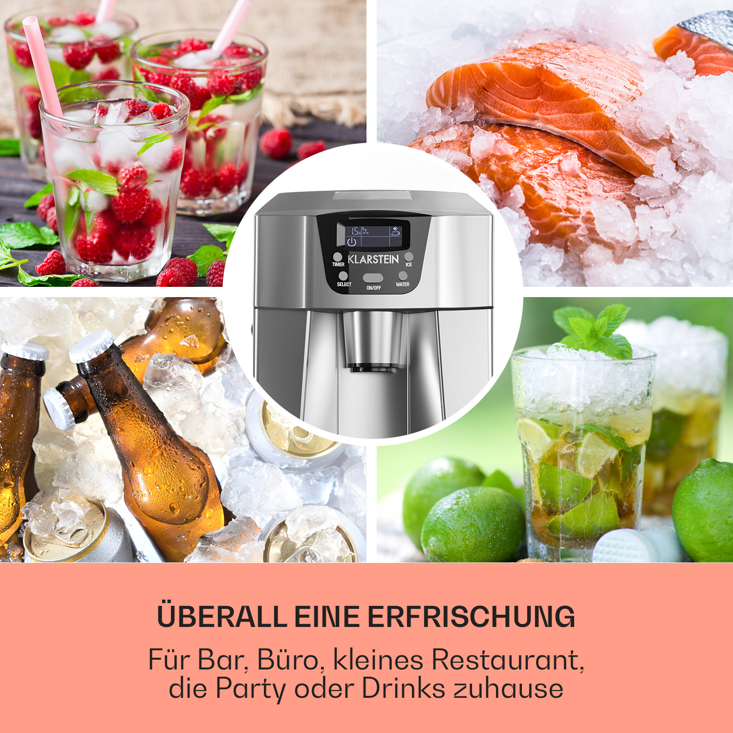 Eismaschine mit Getränken und Essen drumherum. Text: Erfrischung für Bar, Büro, Restaurant, Party.