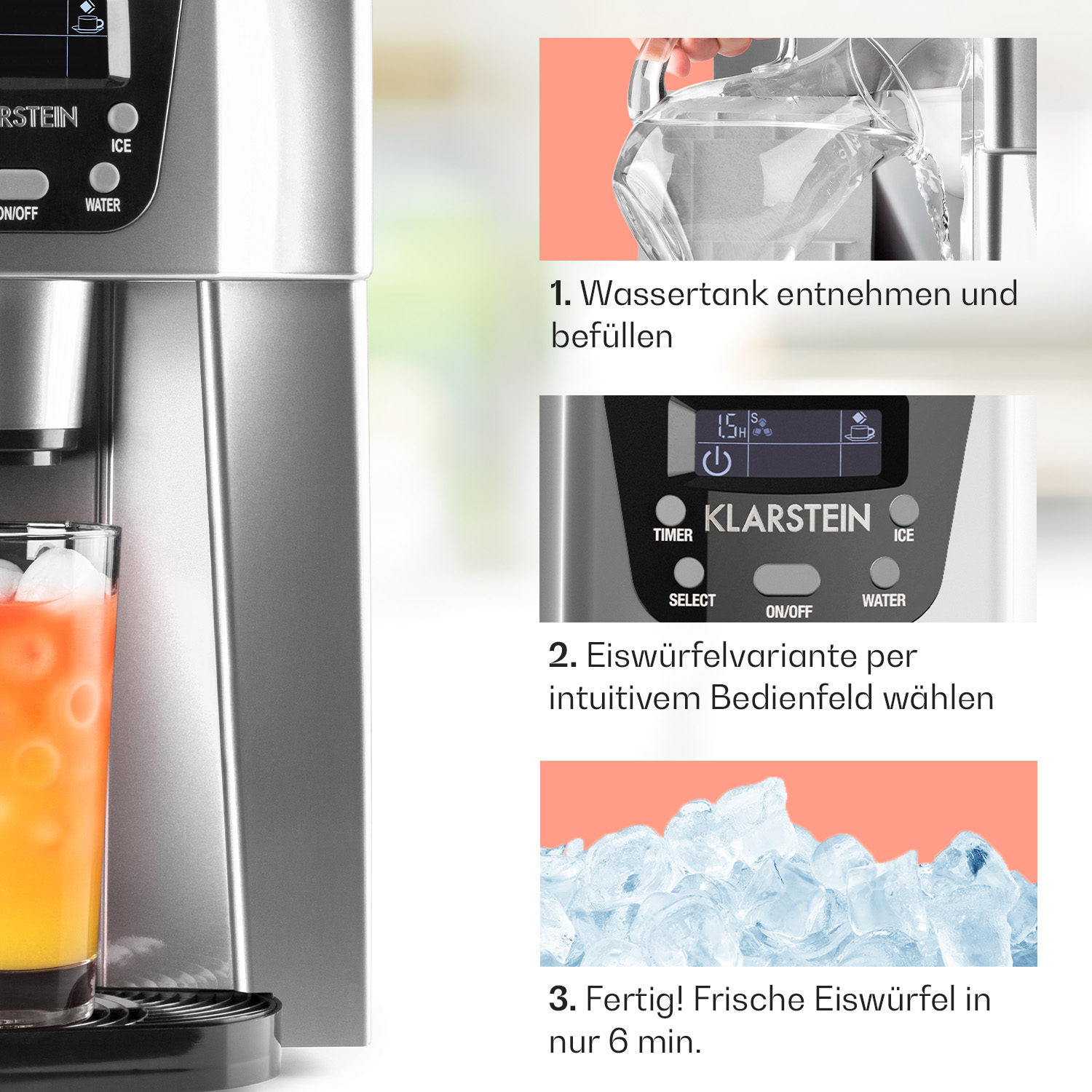 Eine Eismaschine mit einem Glas Saft und Eis. Anweisungen auf Deutsch. Die Maschine ist silber.