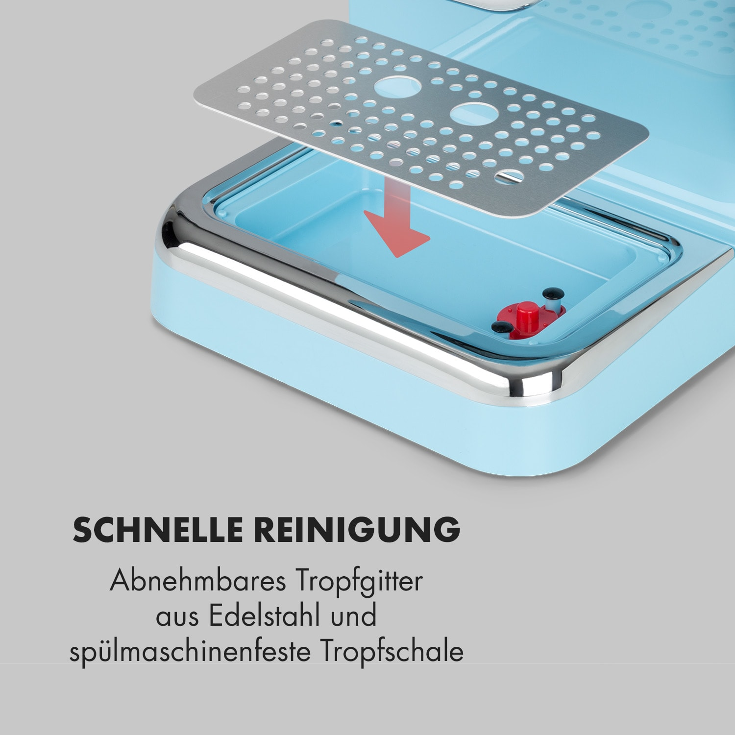 Ein hellblaues Gerät mit herausnehmbarer Edelstahl-Abtropfschale, der Text lautet 'Schnelle Reinigung'.