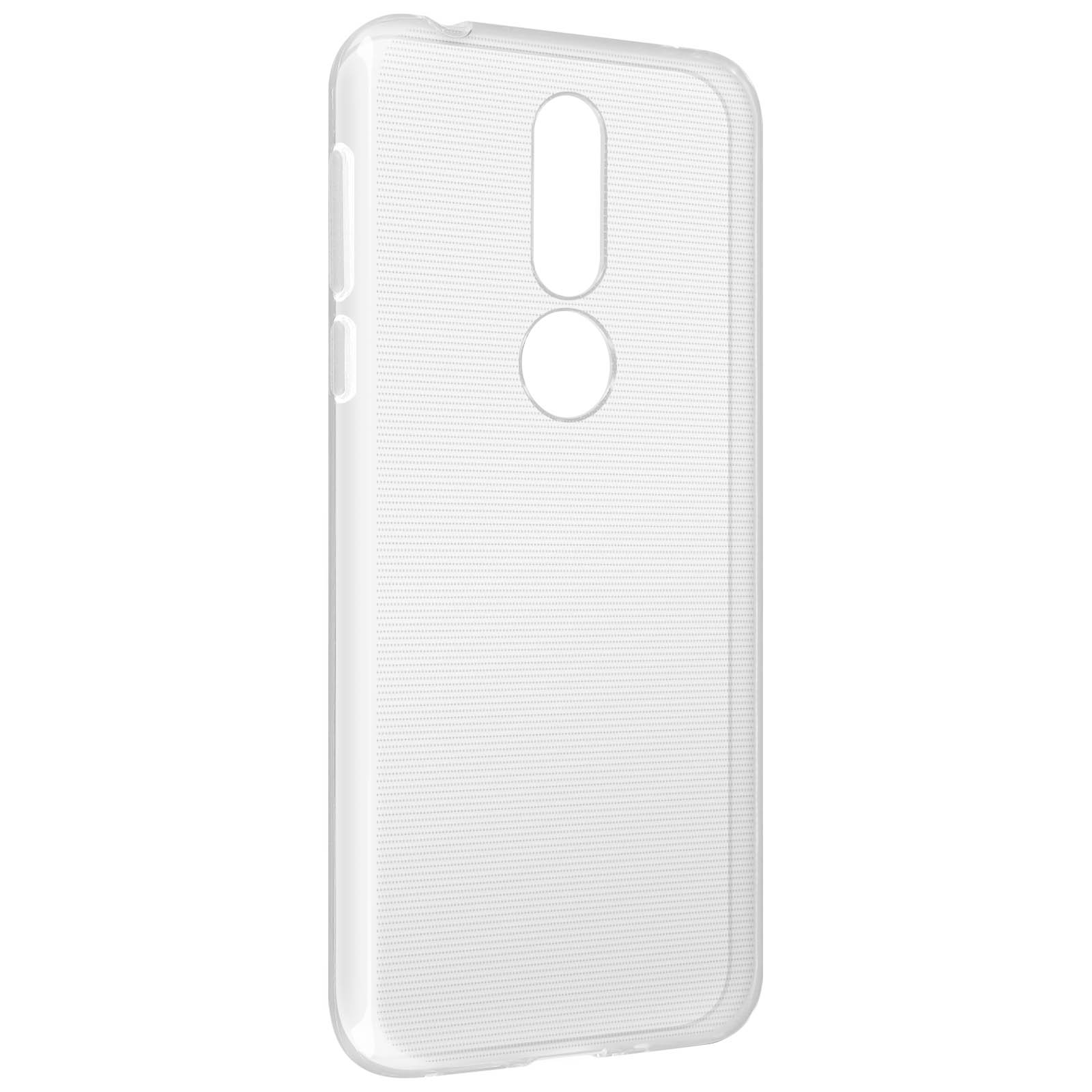 Custodia trasparente con fori per fotocamera e pulsanti. Isolato su sfondo bianco.