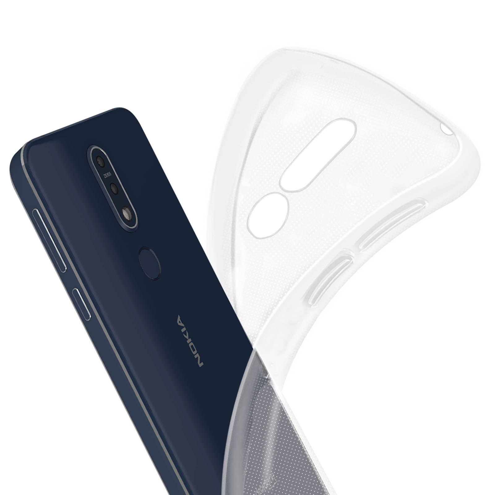 Telefono Nokia blu con custodia trasparente. La custodia è leggermente fuori centro e copre il telefono.