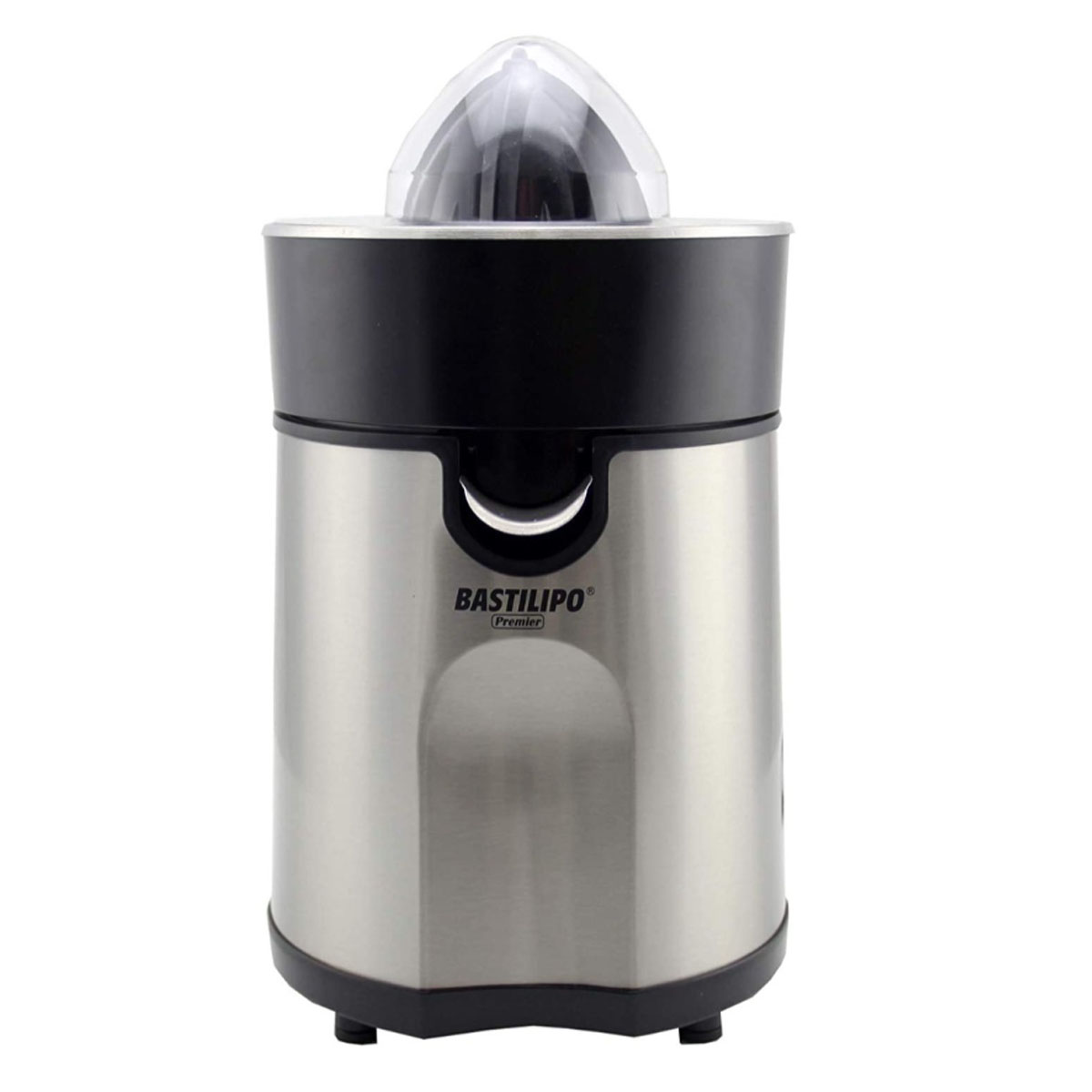 Extractor de zumo en plata con tapa negra. Tiene una tapa de plástico transparente.