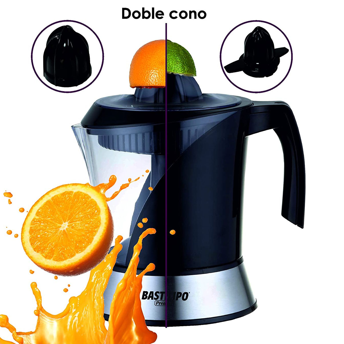 Spremiagrumi con fetta d'arancia e spruzzo di succo. Due coni neri a sinistra. Testo: 'Doble cono'.