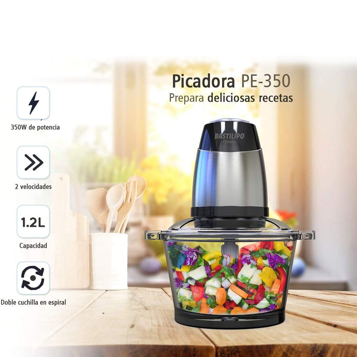 Un picador de alimentos con un cuenco transparente lleno de verduras picadas. El texto indica las funciones.