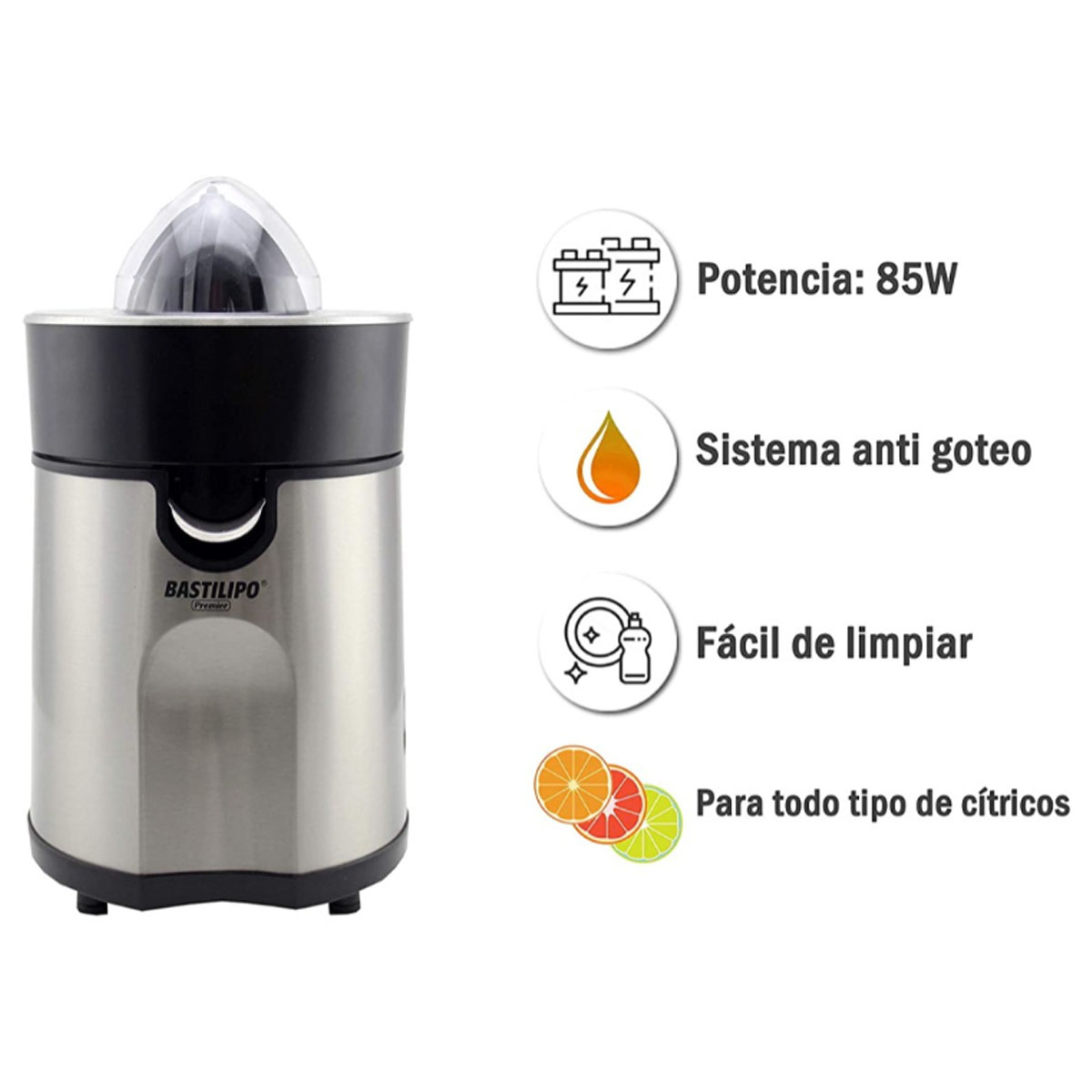 Exprimidor de acero inoxidable con tapa negra. Iconos de información para potencia, antigoteo, fácil limpieza, cítricos.