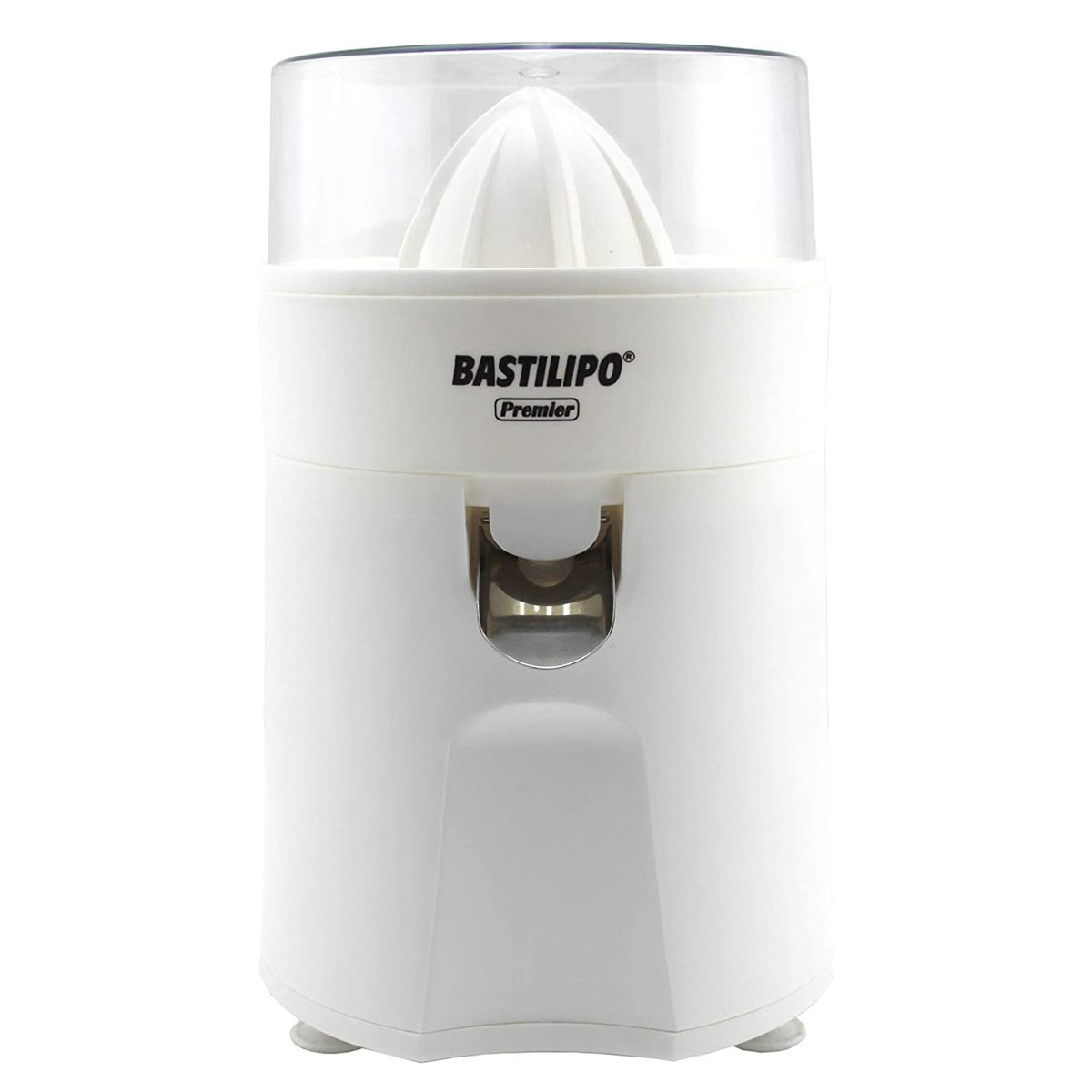 Una exprimidora blanca con tapa transparente, sobre superficie blanca.