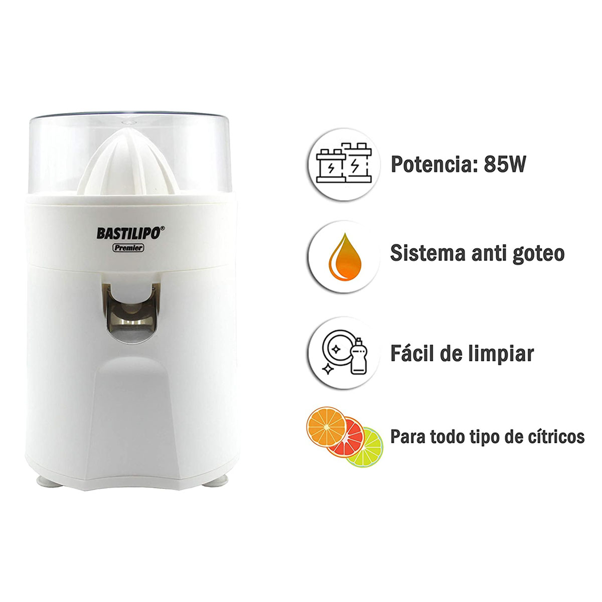 Una exprimidora blanca con texto, iconos y una descripción de las características, y algunas frutas cítricas.