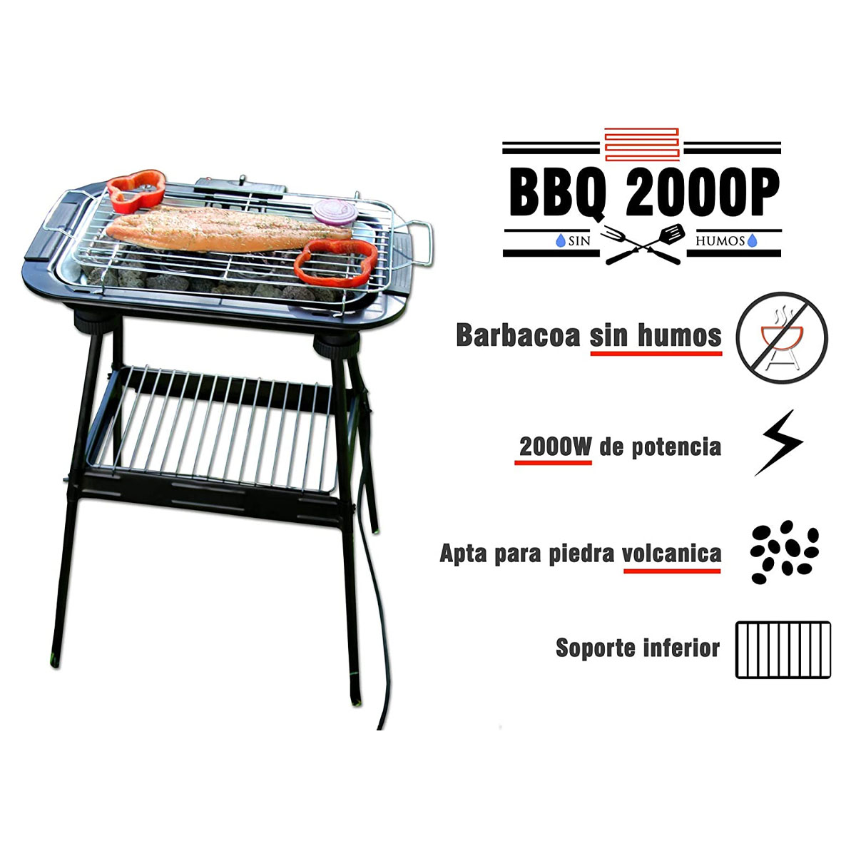 Parrilla BBQ con comida. Texto: BBQ 2000P, sin humo. Comida: pimientos y cebollas.