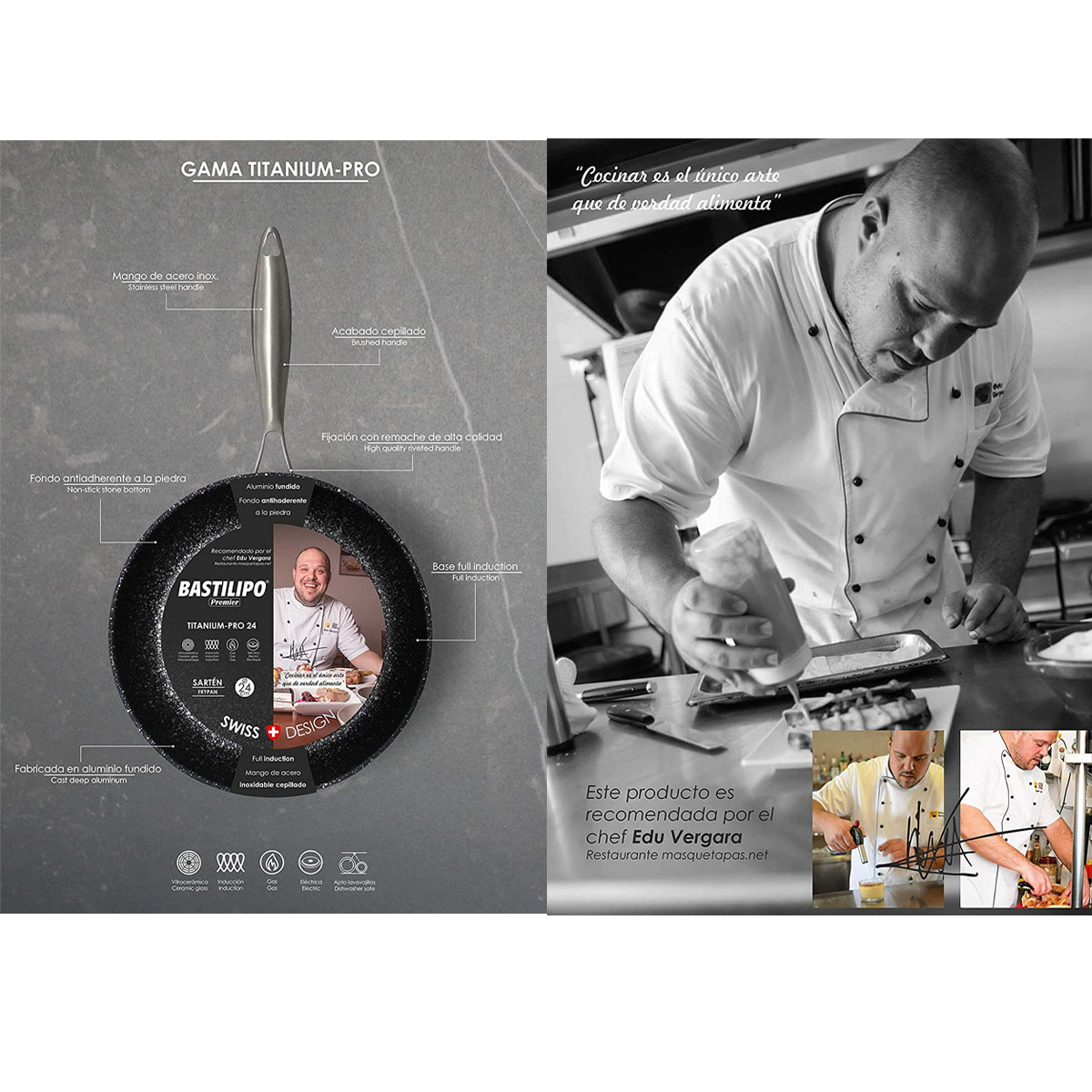 Chef sosteniendo una sartén con texto, 'GAMA TITANIUM-PRO'. El fondo es blanco y negro.