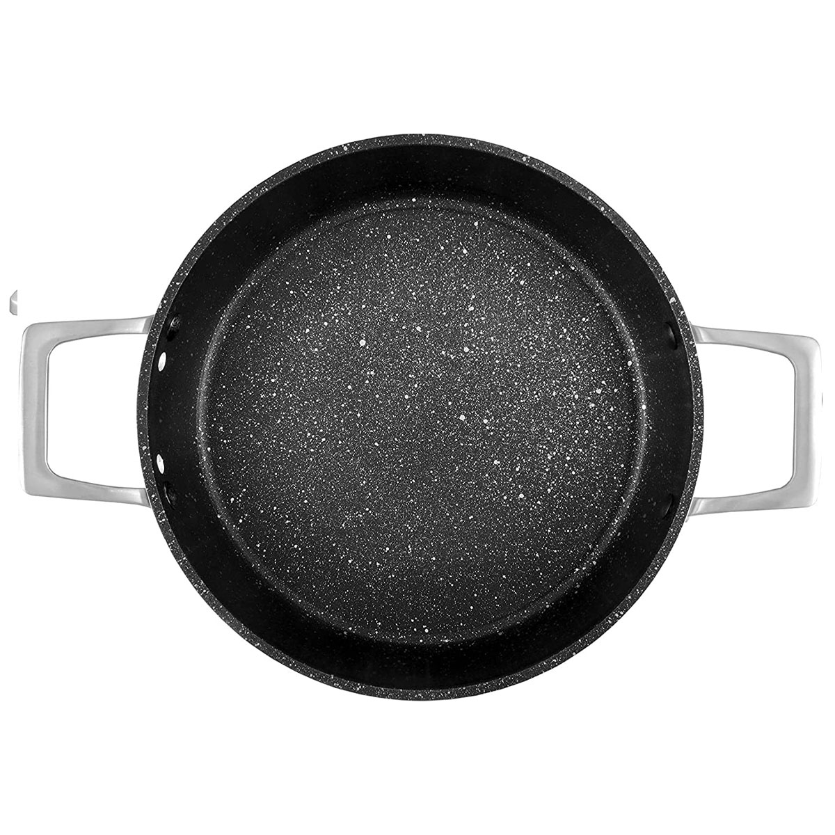Una sartén negra moteada con asas plateadas. La sartén se ve desde arriba. Fondo blanco.
