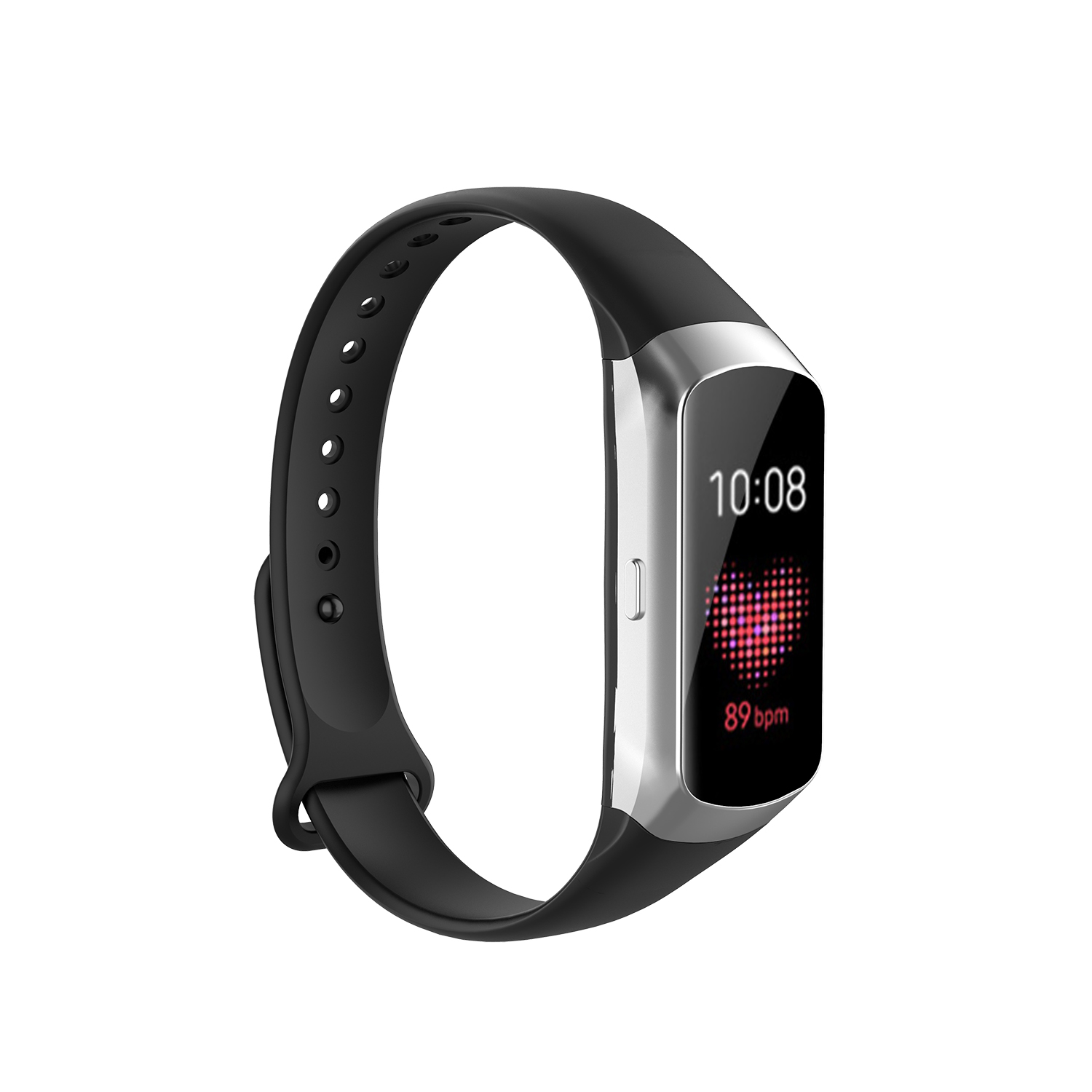Schwarze Smartwatch mit silbernem Rahmen, zeigt Uhrzeit und Herzfrequenzmesser.