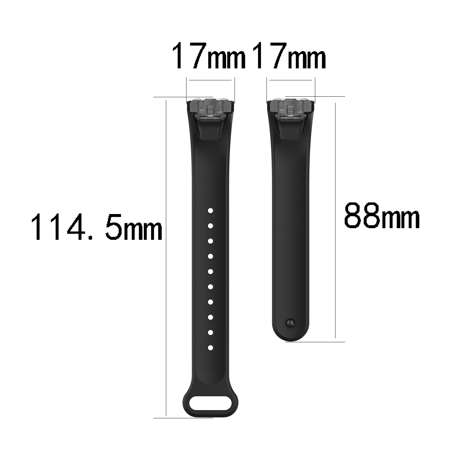 Zwei schwarze Uhrenarmbänder. Text gibt die Abmessungen jedes Armbands an.
