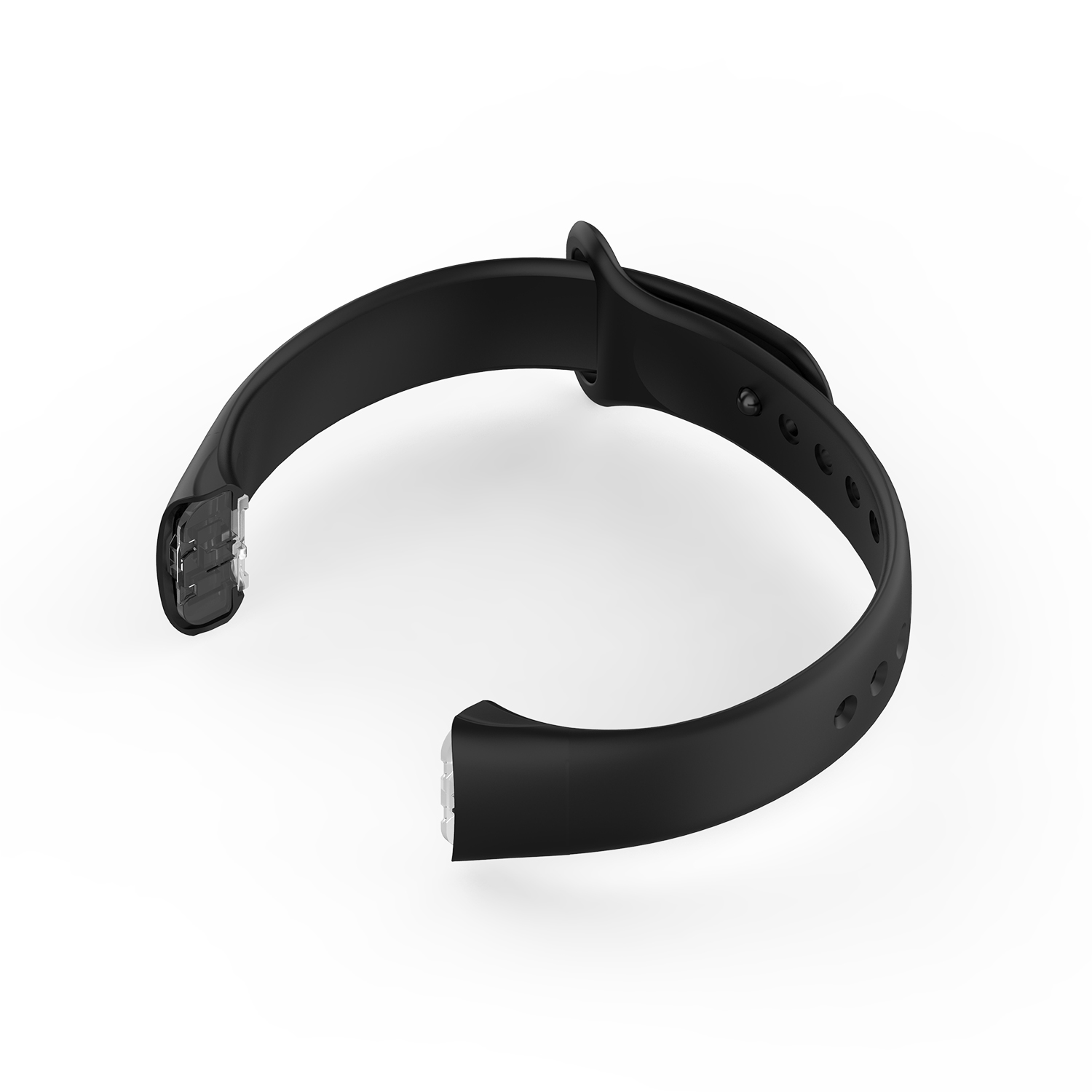 Schwarzes Smartwatch-Armband offen mit weißem Hintergrund.