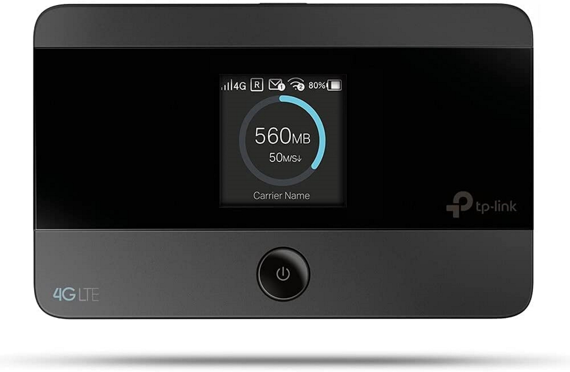 Schwarzes und graues 4G LTE mobiles WLAN-Gerät. Der Bildschirm zeigt die Datennutzung an. Weißer Hintergrund.