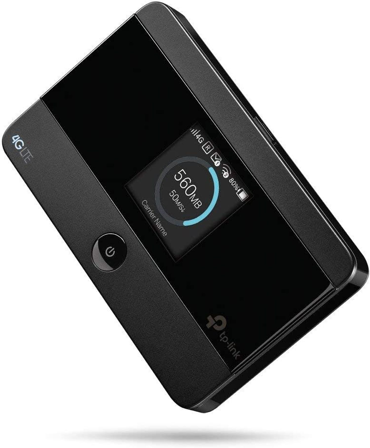 Schwarzer 4G LTE mobiler WLAN-Router, der den Bildschirm mit Datennutzung und Signalstärke zeigt.