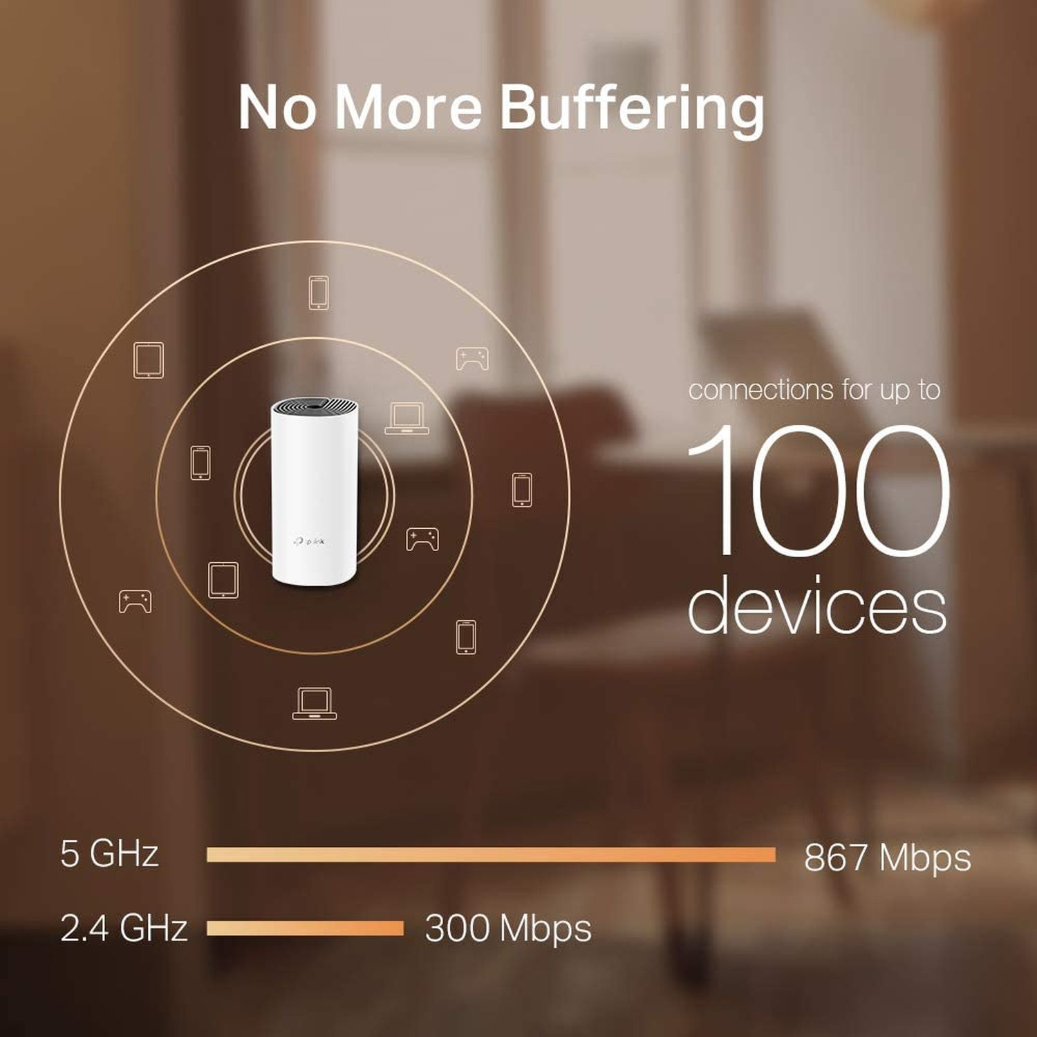 Weißer Router mit umgebenden Symbolen und Text, zeigt Verbindungen für 100 Geräte.